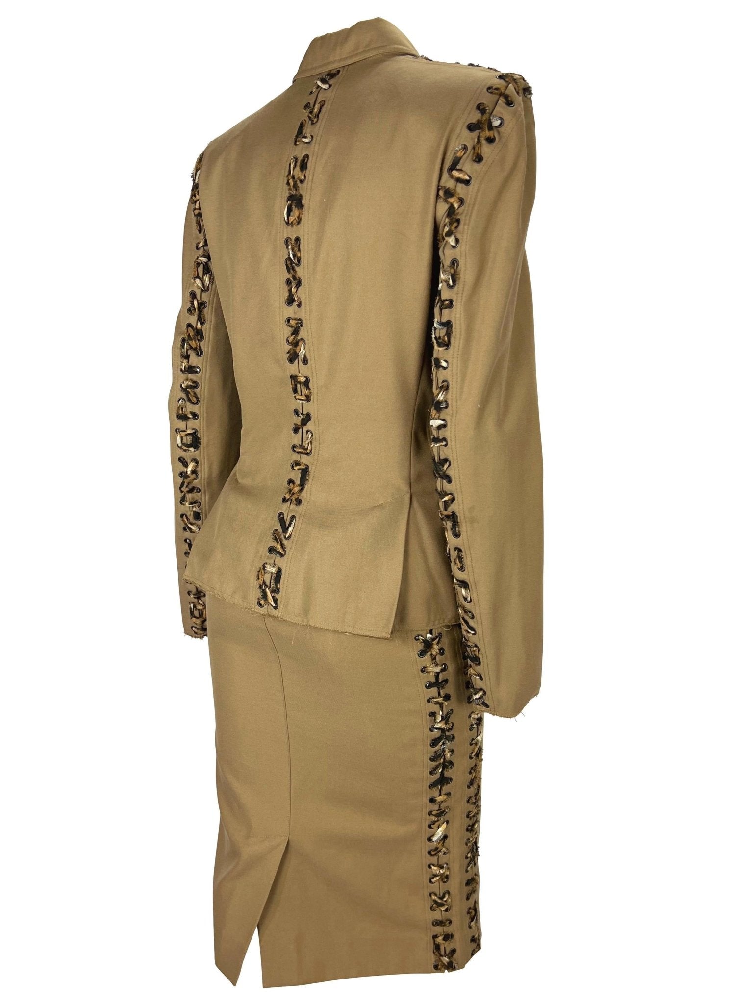 S/S 2002 Yves Saint Laurent by Tom Ford Jaguar Print Lace - Up Khaki Skirt Suit - RealList