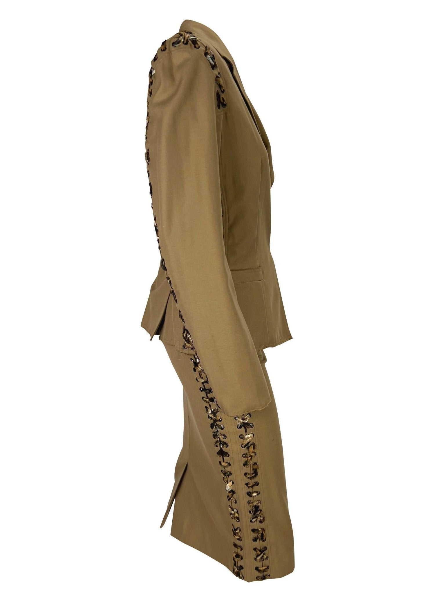S/S 2002 Yves Saint Laurent by Tom Ford Jaguar Print Lace - Up Khaki Skirt Suit - RealList