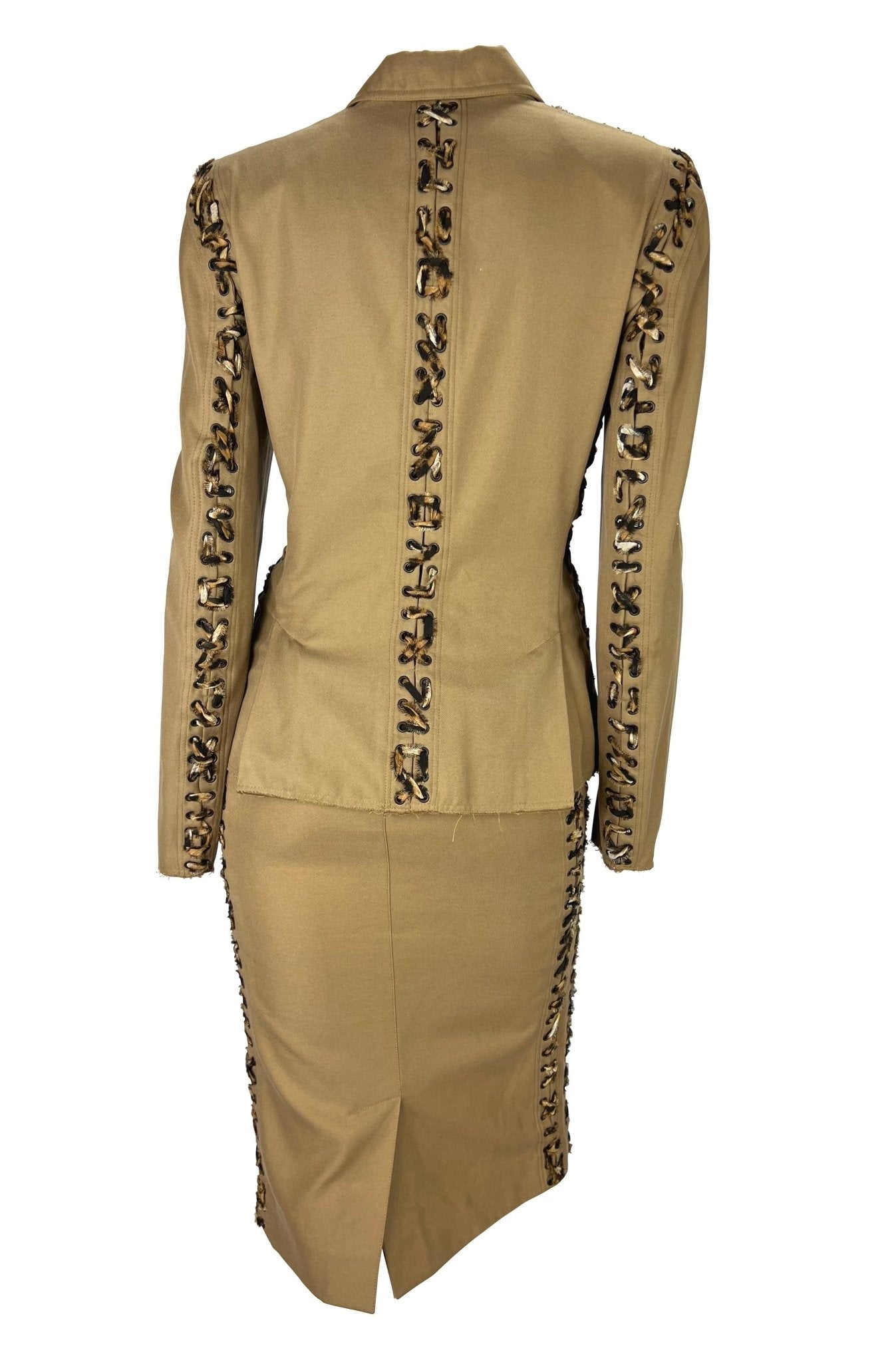 S/S 2002 Yves Saint Laurent by Tom Ford Jaguar Print Lace - Up Khaki Skirt Suit - RealList