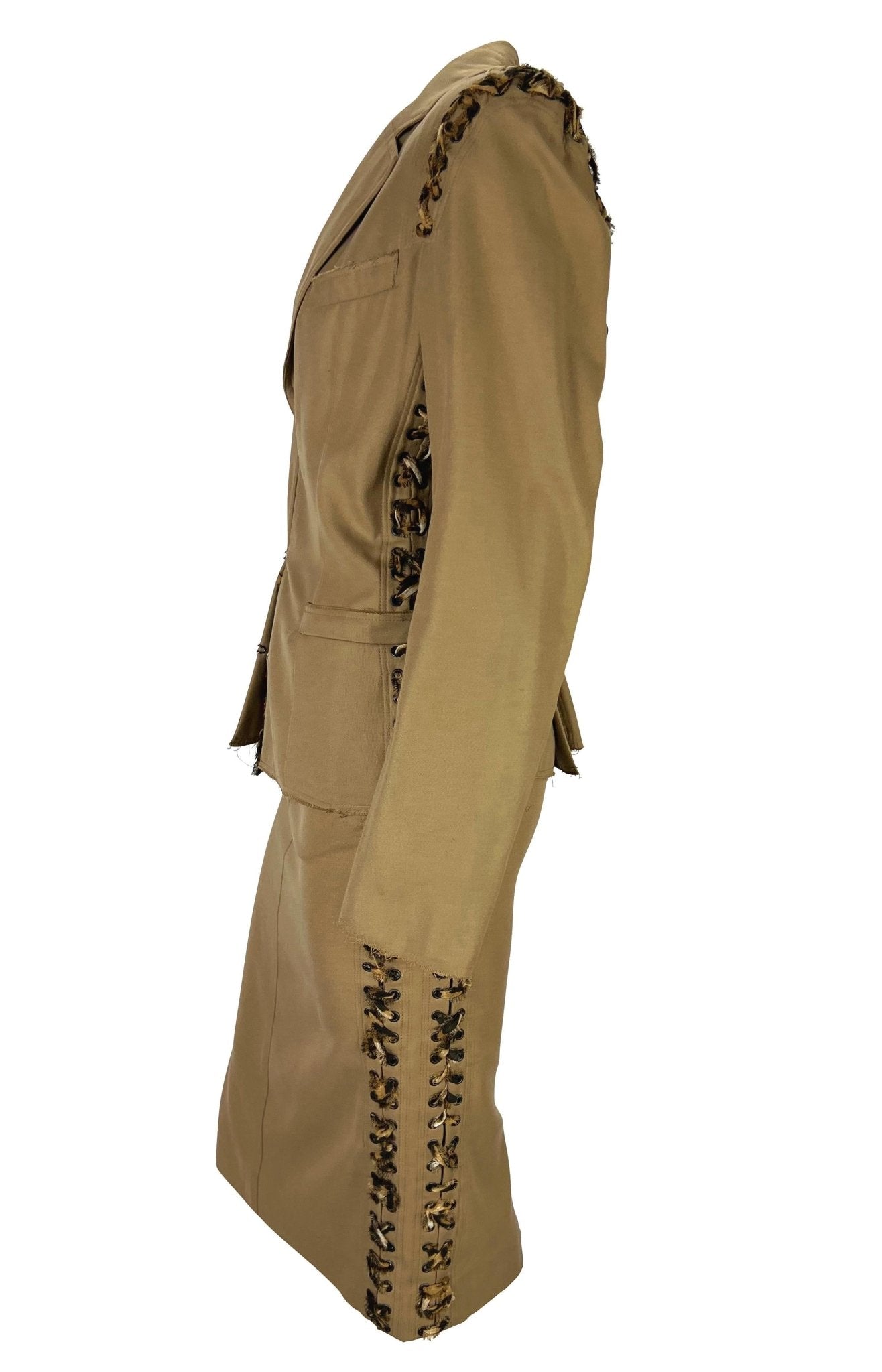 S/S 2002 Yves Saint Laurent by Tom Ford Jaguar Print Lace - Up Khaki Skirt Suit - RealList