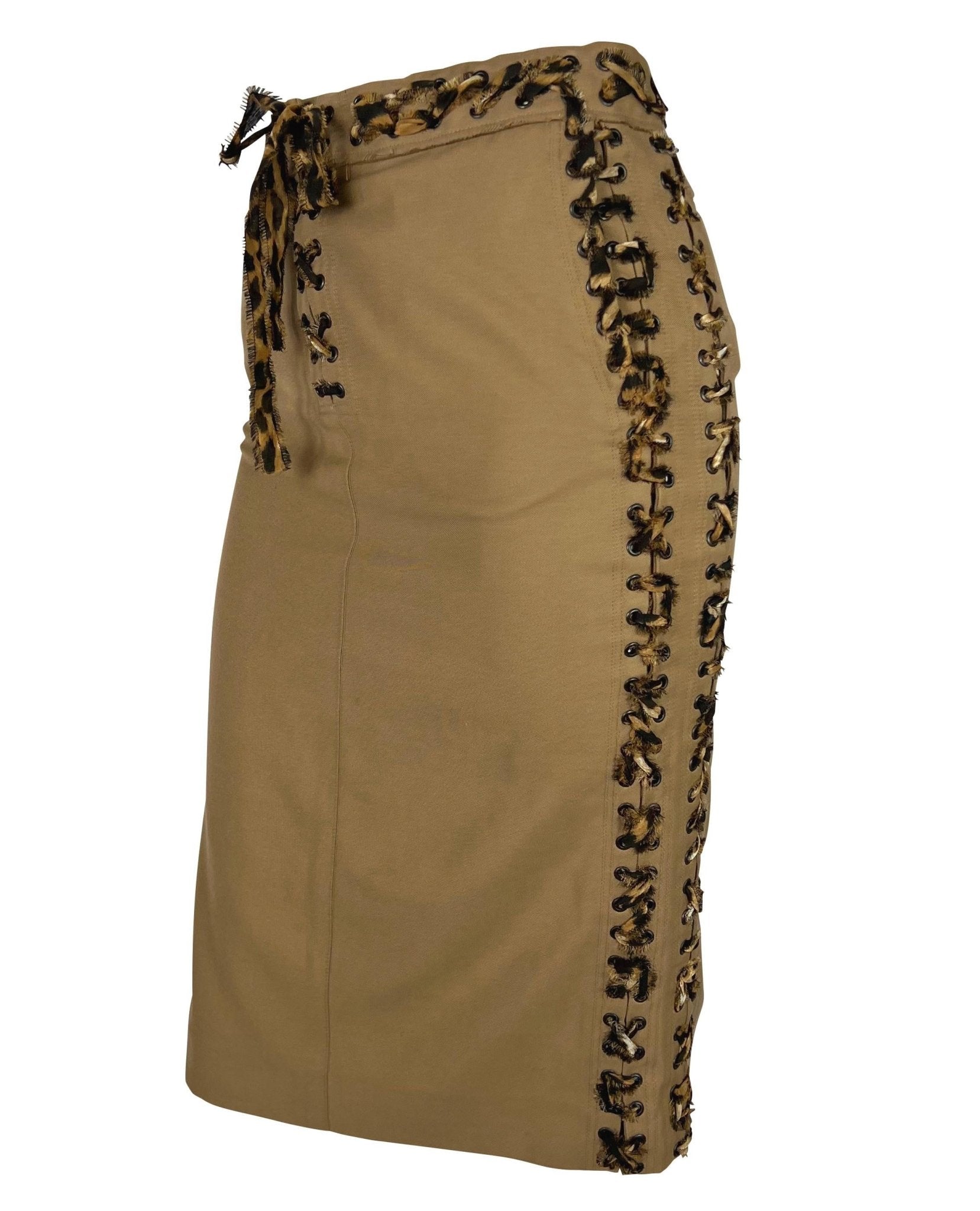 S/S 2002 Yves Saint Laurent by Tom Ford Jaguar Print Lace - Up Khaki Skirt Suit - RealList