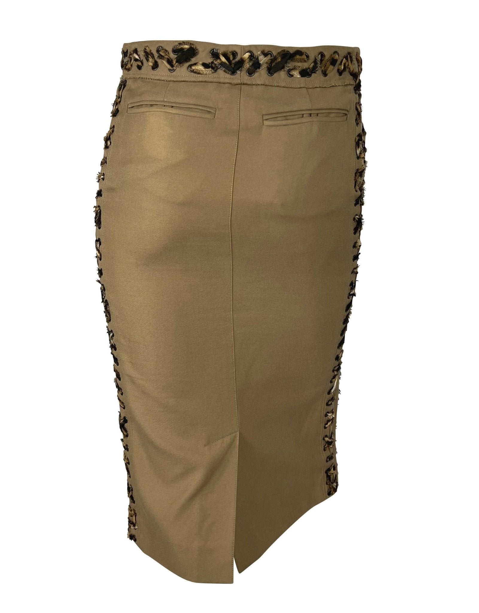 S/S 2002 Yves Saint Laurent by Tom Ford Jaguar Print Lace - Up Khaki Skirt Suit - RealList