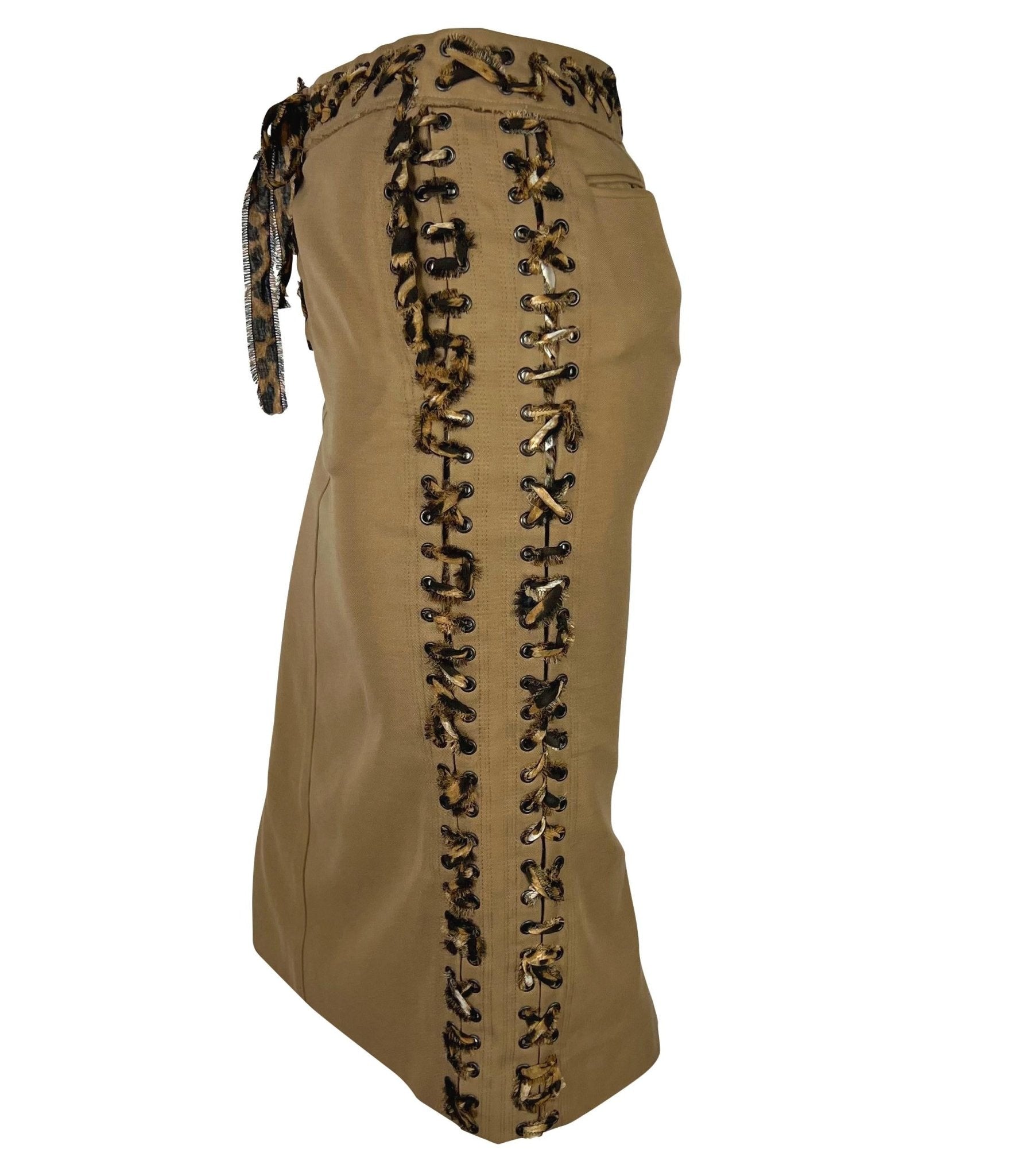 S/S 2002 Yves Saint Laurent by Tom Ford Jaguar Print Lace - Up Khaki Skirt Suit - RealList