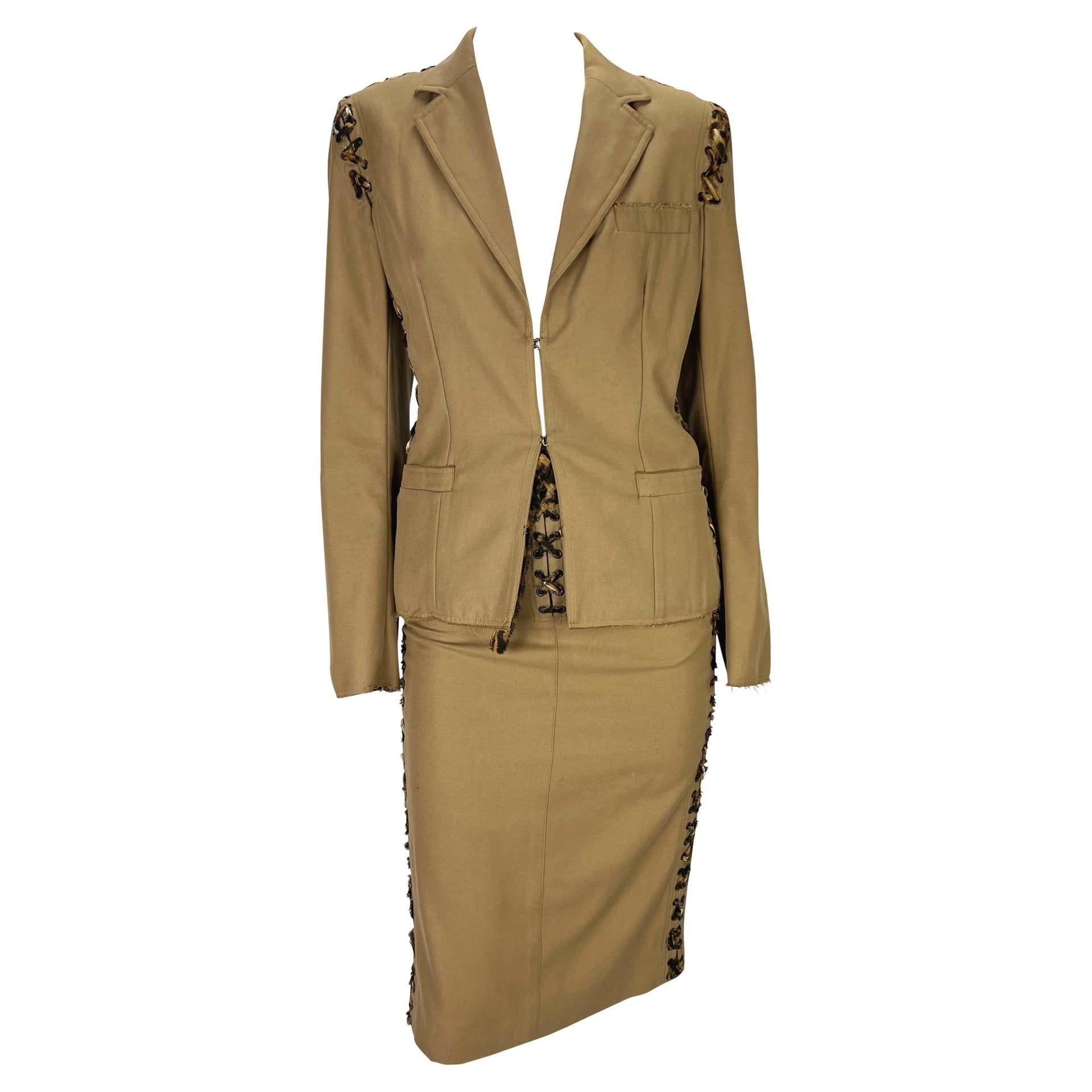 S/S 2002 Yves Saint Laurent by Tom Ford Jaguar Print Lace - Up Khaki Skirt Suit - RealList