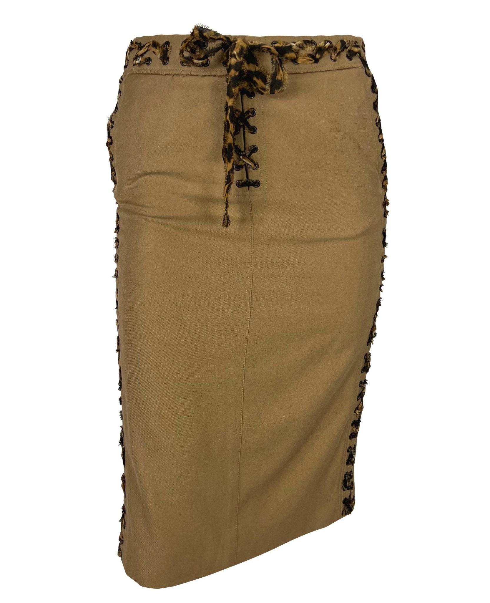 S/S 2002 Yves Saint Laurent by Tom Ford Jaguar Print Lace - Up Khaki Skirt Suit - RealList