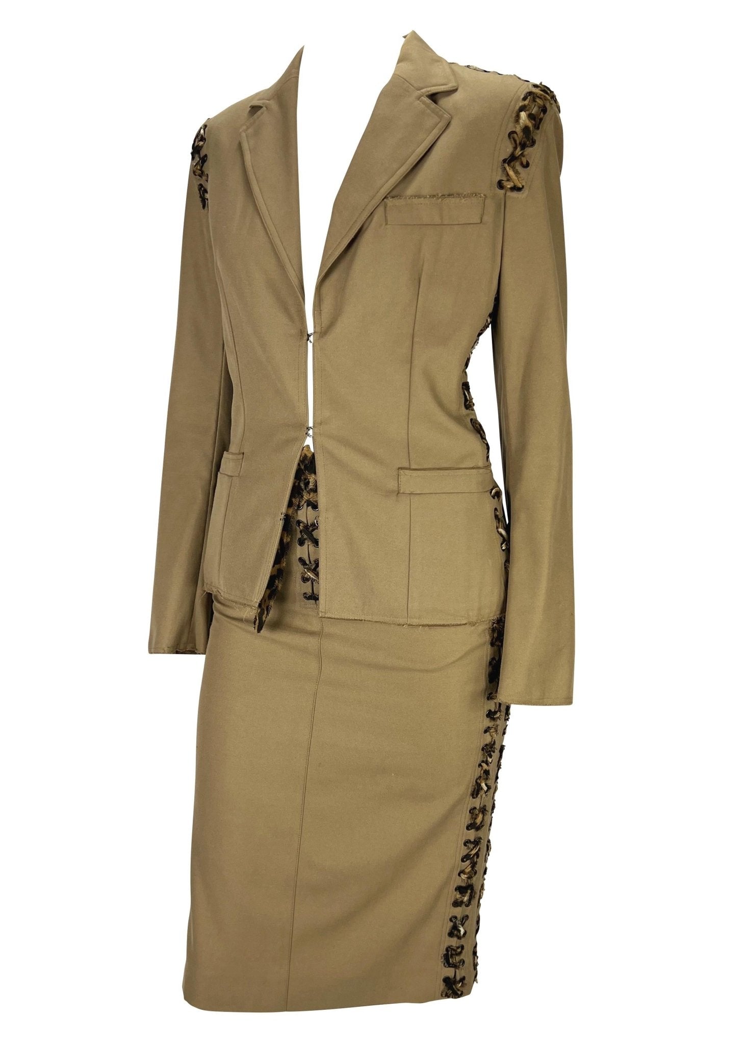 S/S 2002 Yves Saint Laurent by Tom Ford Jaguar Print Lace - Up Khaki Skirt Suit - RealList