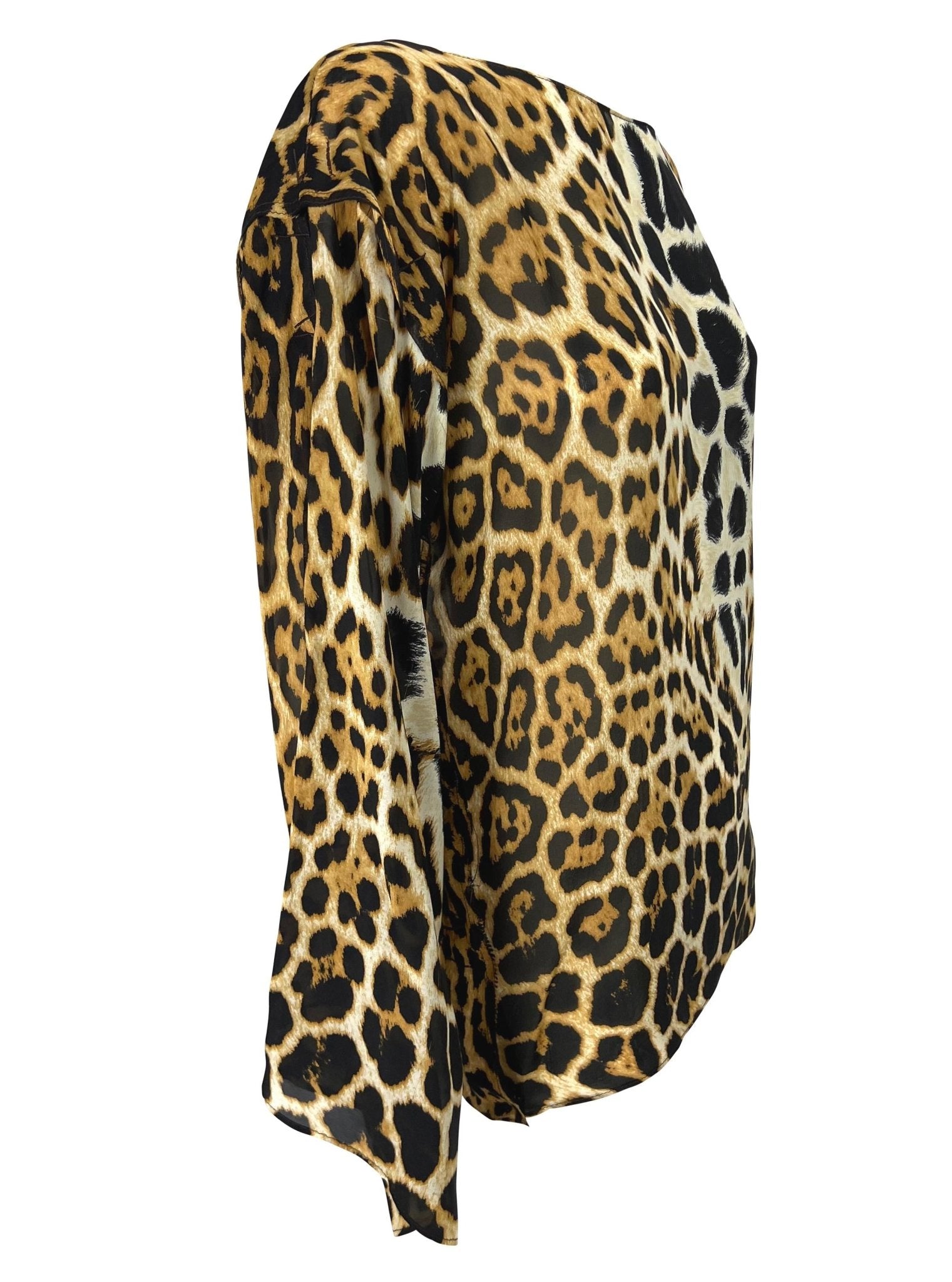 S/S 2002 Yves Saint Laurent by Tom Ford Jaguar Print Sheer Silk Long Sleeve Blouse - RealList