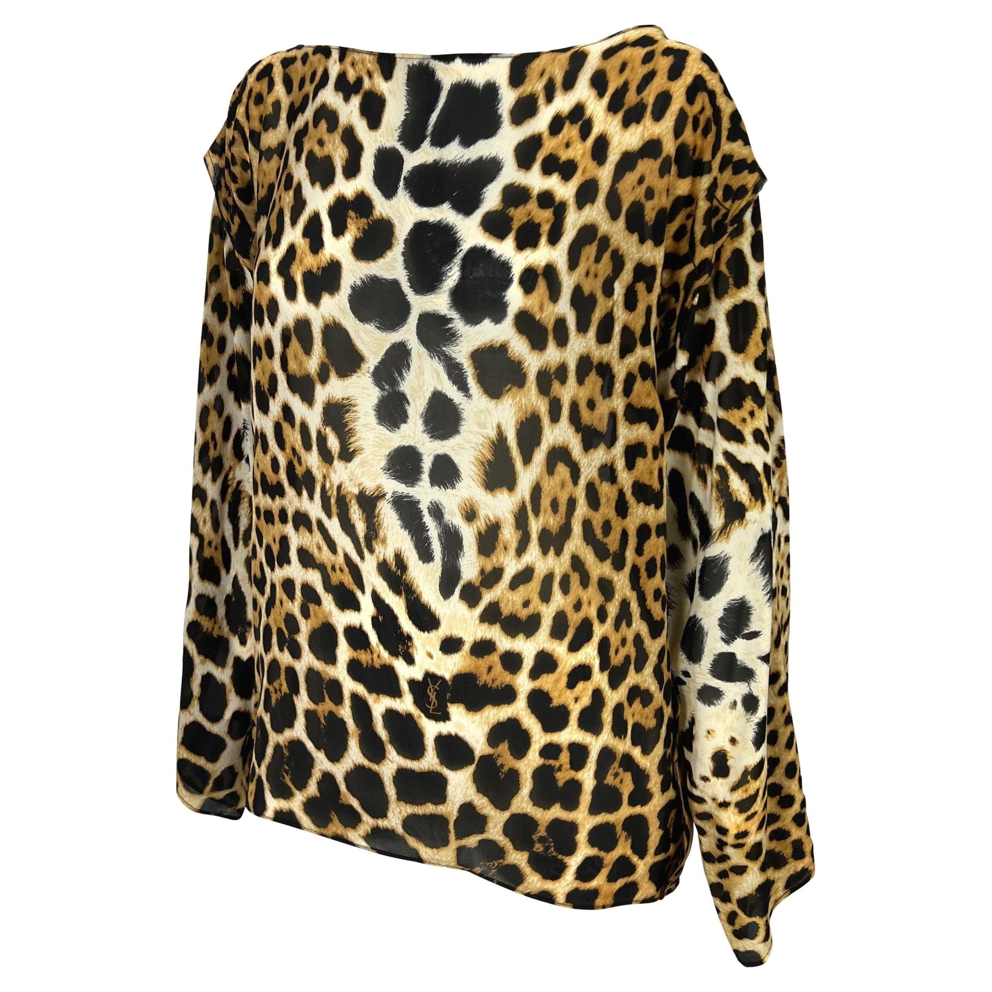 S/S 2002 Yves Saint Laurent by Tom Ford Jaguar Print Sheer Silk Long Sleeve Blouse - RealList