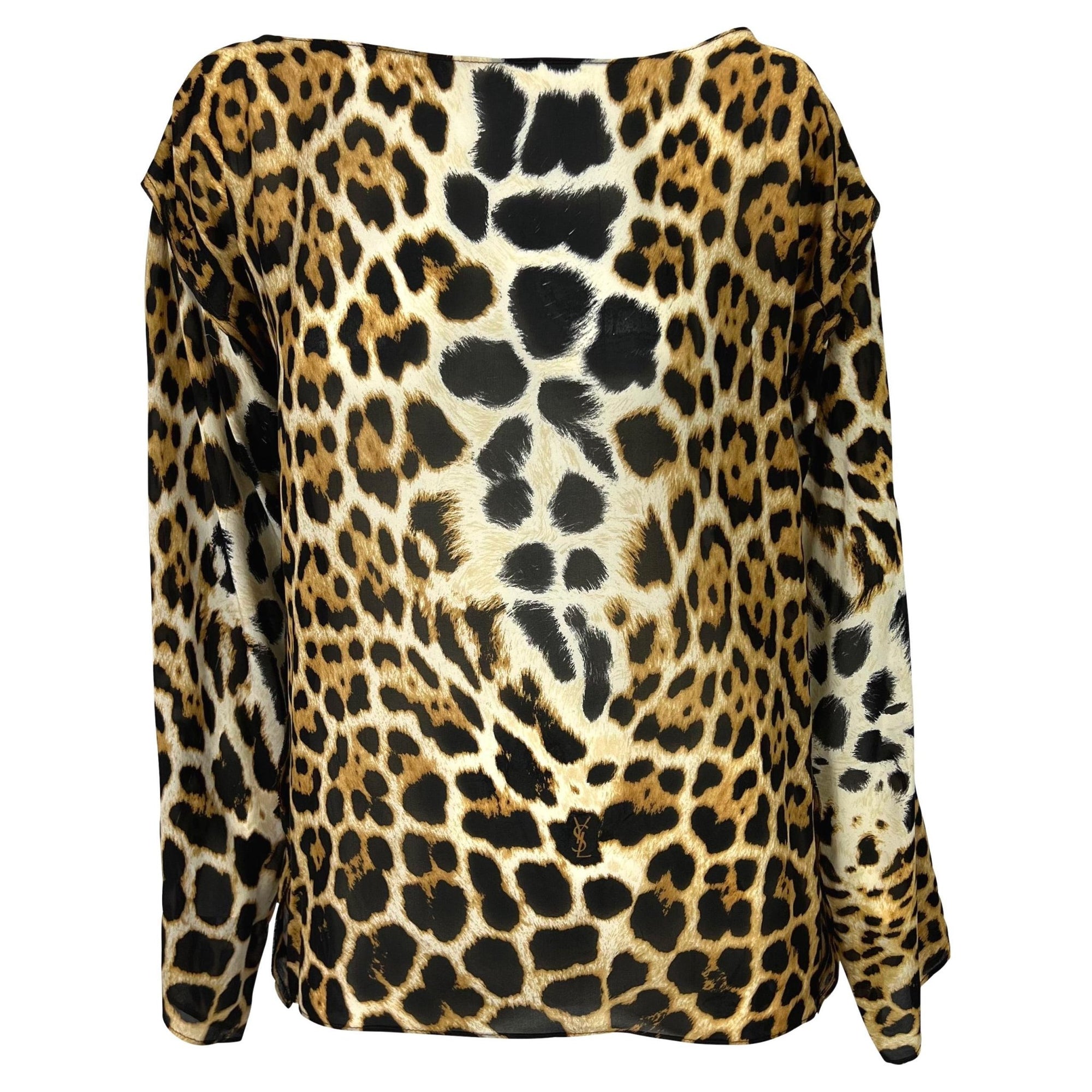 S/S 2002 Yves Saint Laurent by Tom Ford Jaguar Print Sheer Silk Long Sleeve Blouse - RealList