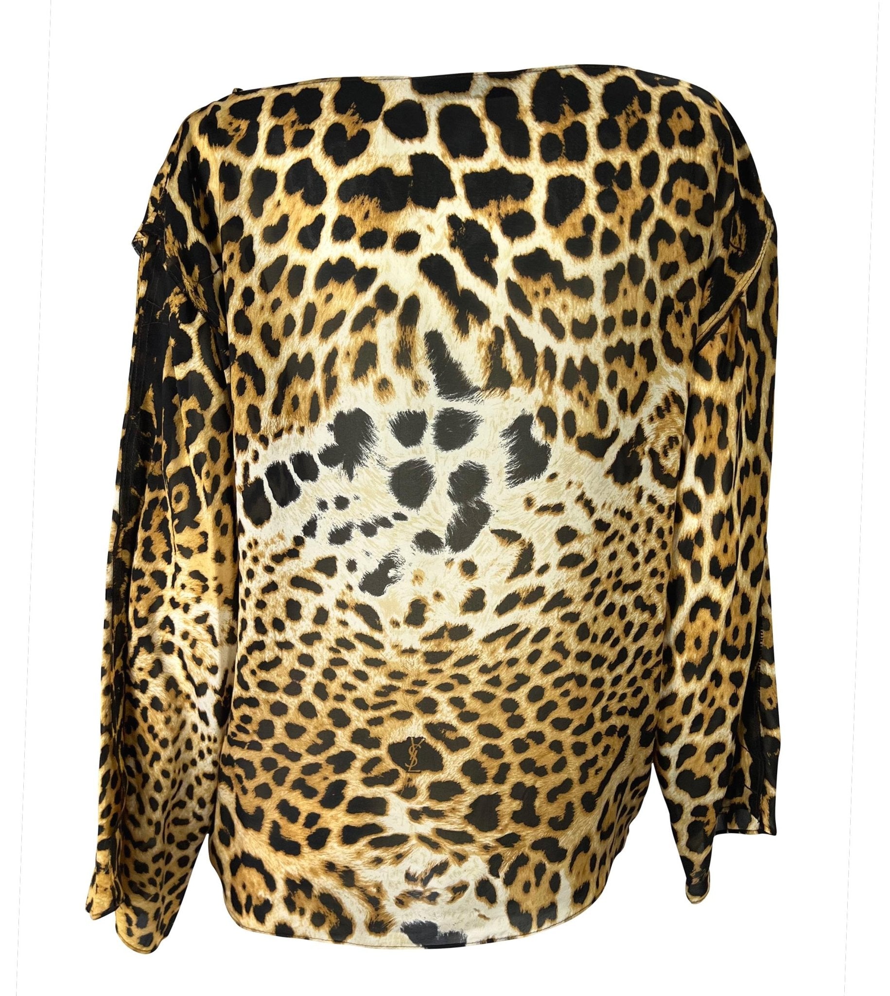 S/S 2002 Yves Saint Laurent by Tom Ford Jaguar Print Sheer Silk Long Sleeve Blouse - RealList