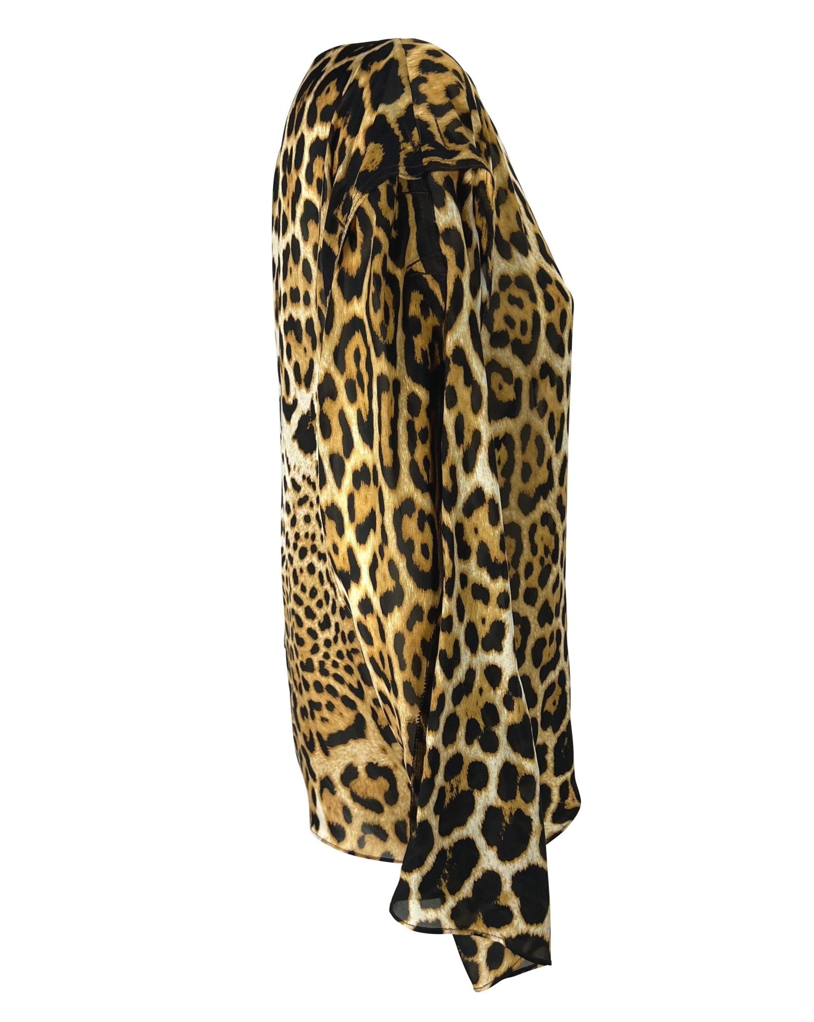 S/S 2002 Yves Saint Laurent by Tom Ford Jaguar Print Sheer Silk Long Sleeve Blouse - RealList