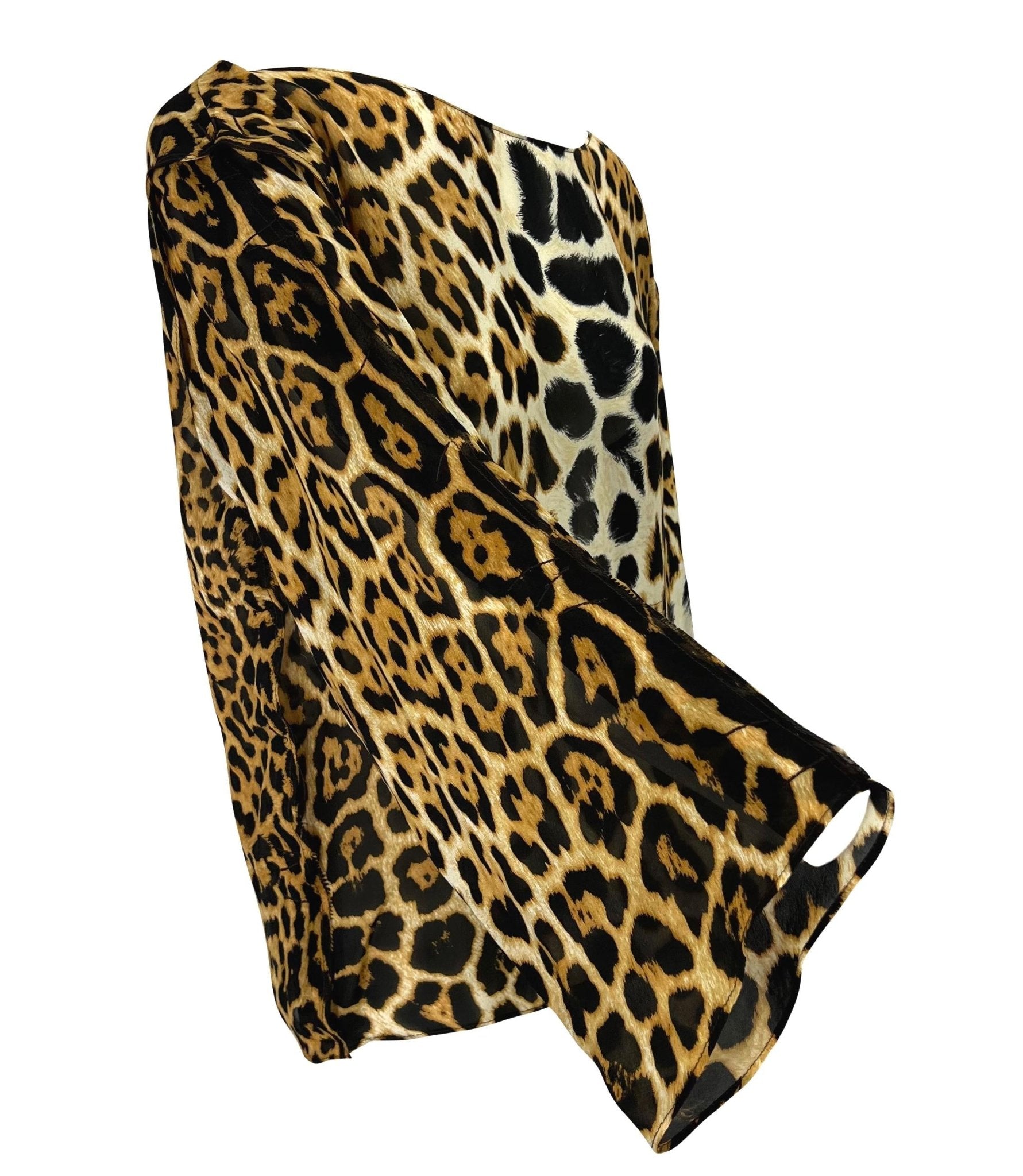 S/S 2002 Yves Saint Laurent by Tom Ford Jaguar Print Sheer Silk Long Sleeve Blouse - RealList
