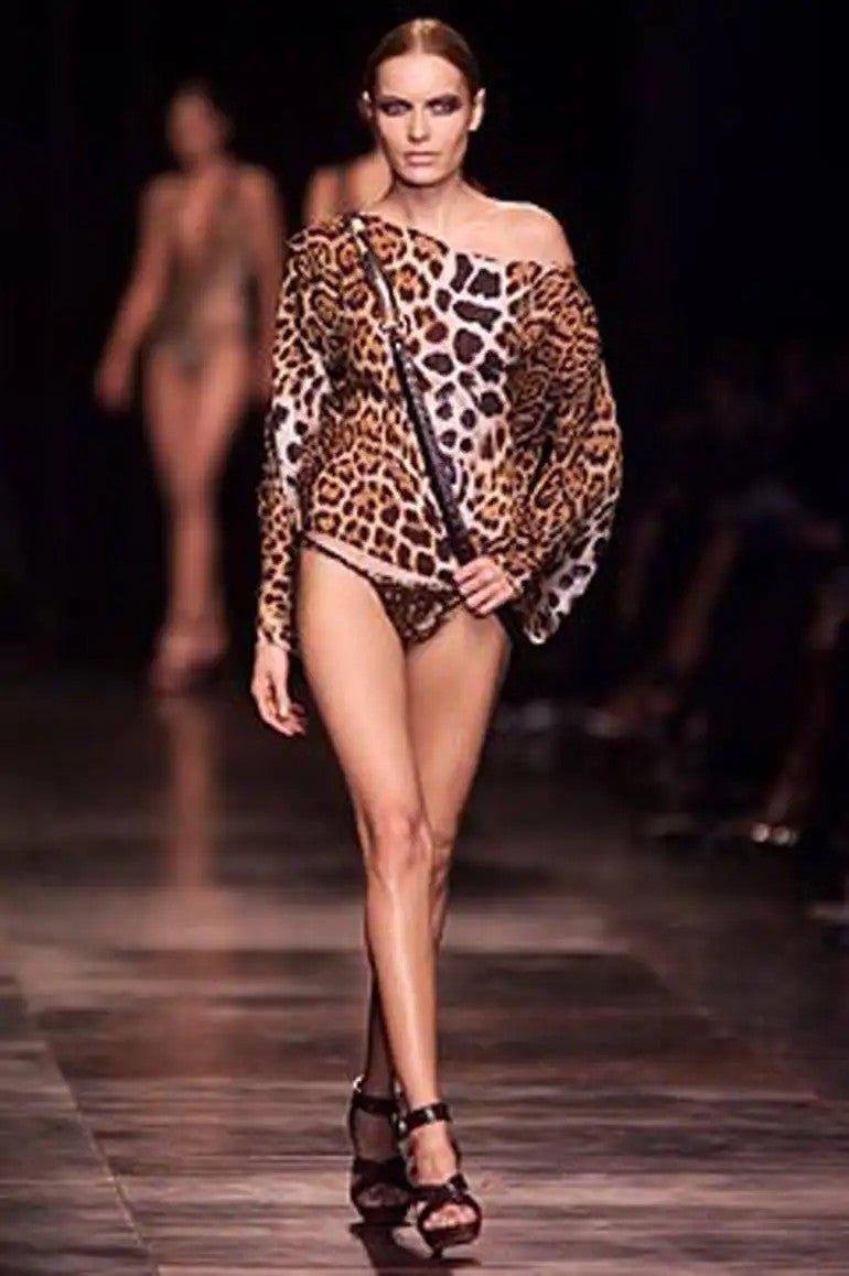 S/S 2002 Yves Saint Laurent by Tom Ford Jaguar Print Sheer Silk Long Sleeve Blouse - RealList
