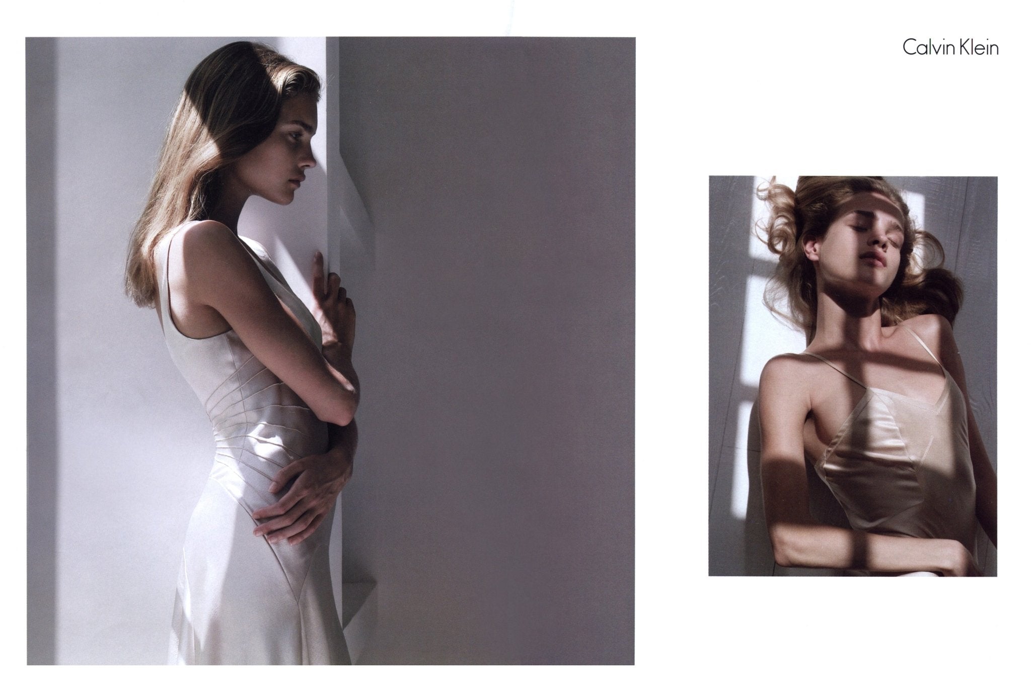 S/S 2003 Calvin Klein Runway Ad Champagne Silk Satin Pin - Tuck Cocktail Dress - RealList