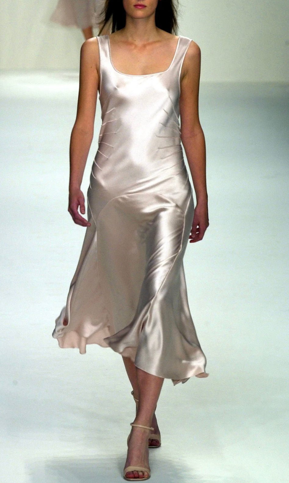 S/S 2003 Calvin Klein Runway Ad Champagne Silk Satin Pin - Tuck Cocktail Dress - RealList