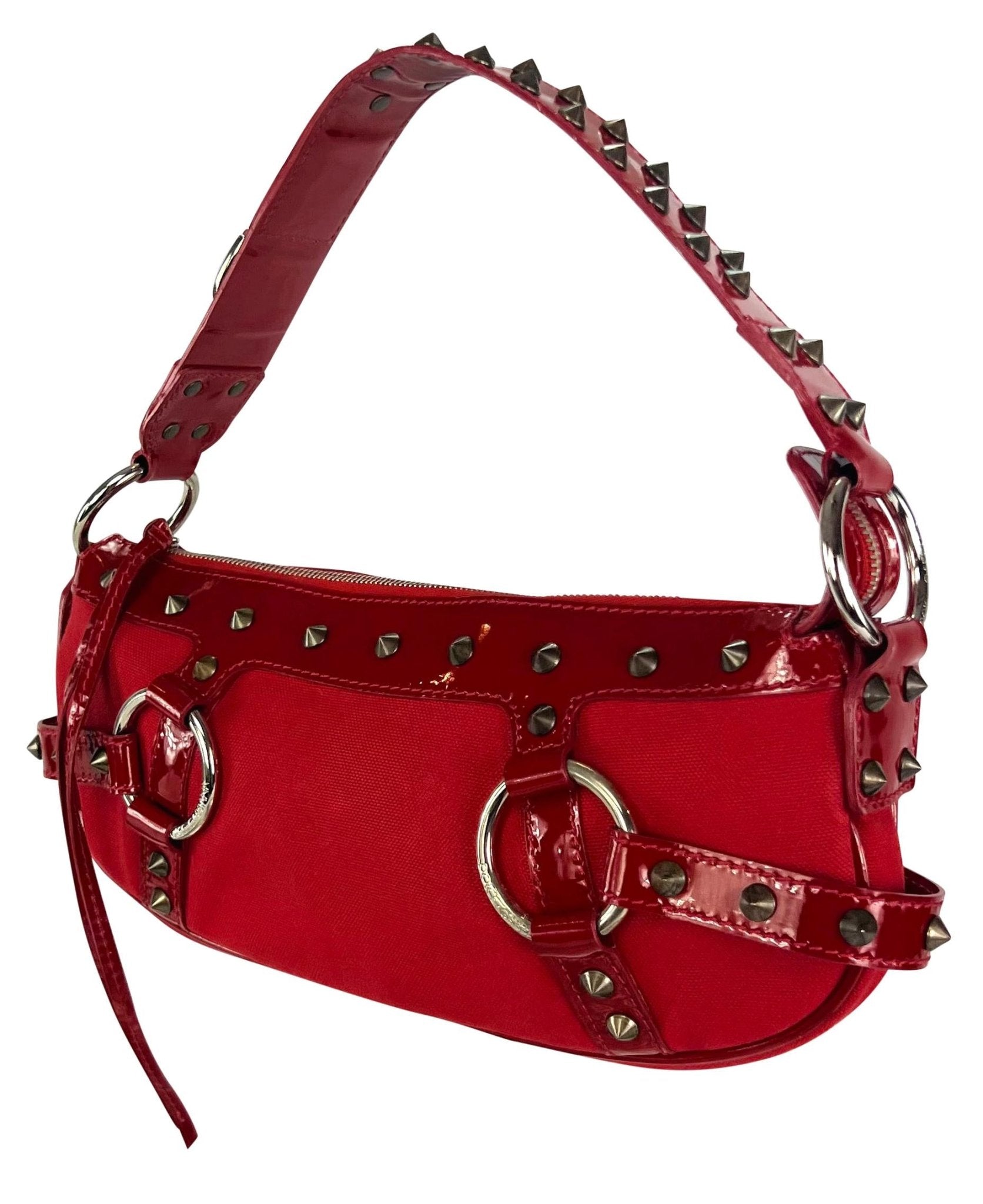 S/S 2003 Dolce & Gabbana Ad Spike Studded Red Patent Leather Trim Shoulder Bag - RealList