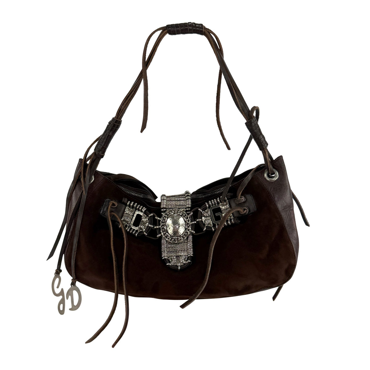 S/S 2003 Dolce & Gabbana Brown Suede Concho Logo Western Style Shoulder Bag - RealList