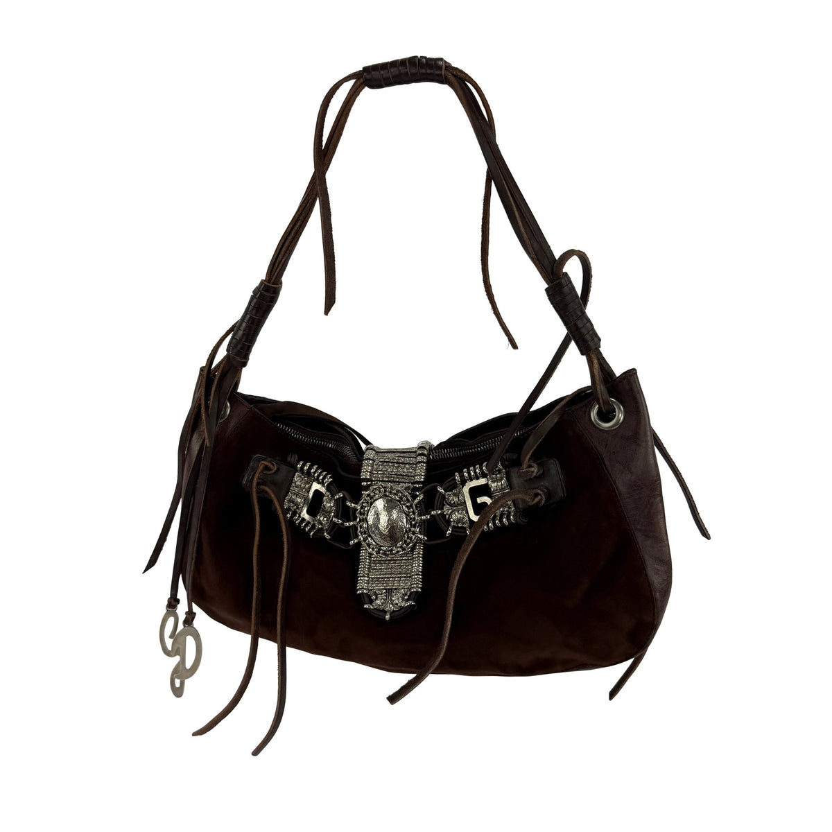 S/S 2003 Dolce & Gabbana Brown Suede Concho Logo Western Style Shoulder Bag - RealList