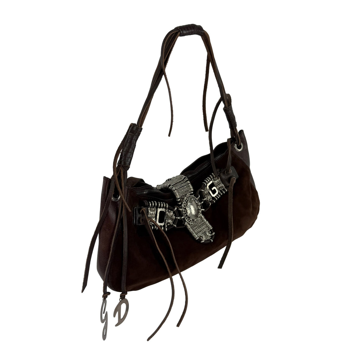 S/S 2003 Dolce & Gabbana Brown Suede Concho Logo Western Style Shoulder Bag - RealList