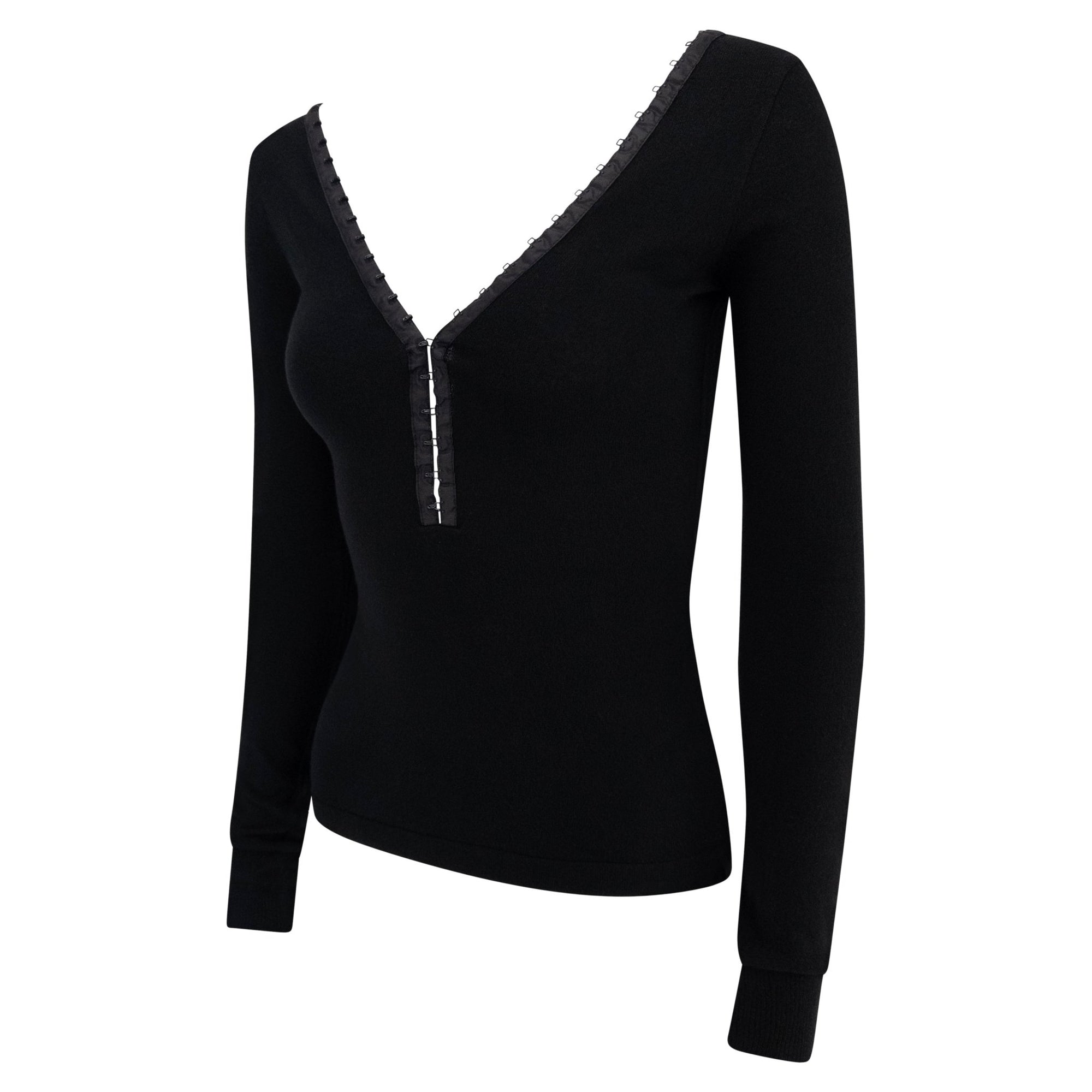 S/S 2003 Dolce & Gabbana Hook & Eye Plunging Black Bodycon Knit Long - Sleeve Top - RealList