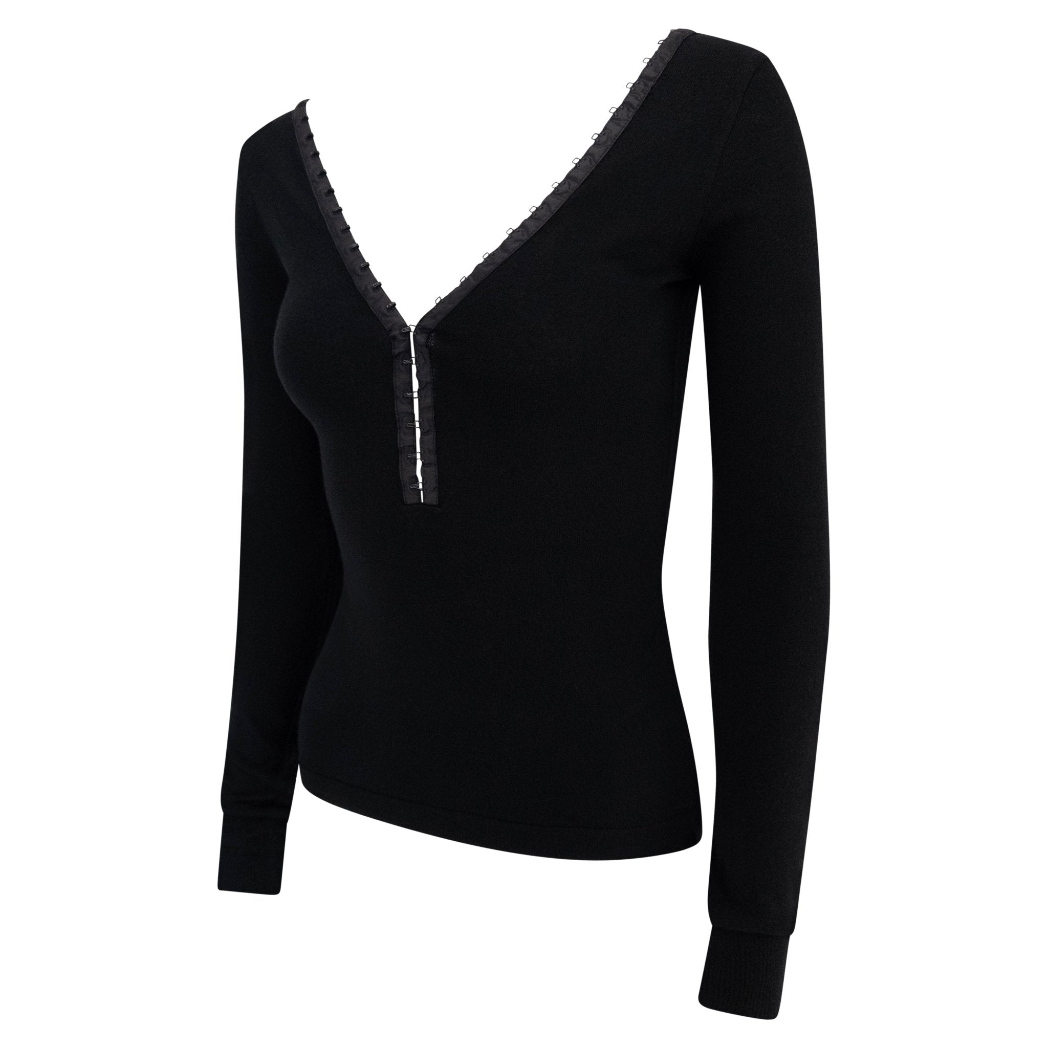 S/S 2003 Dolce & Gabbana Hook & Eye Plunging Black Bodycon Knit Long - Sleeve Top - RealList