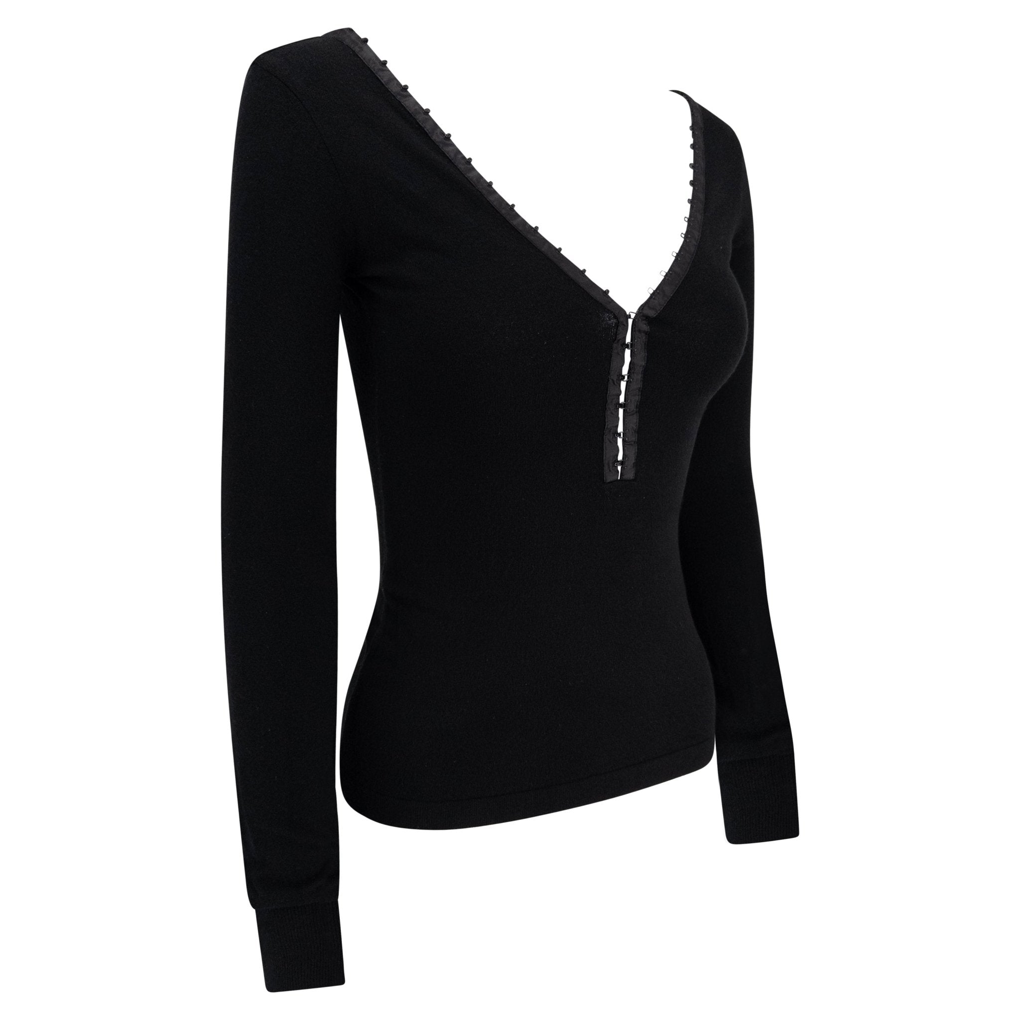 S/S 2003 Dolce & Gabbana Hook & Eye Plunging Black Bodycon Knit Long - Sleeve Top - RealList