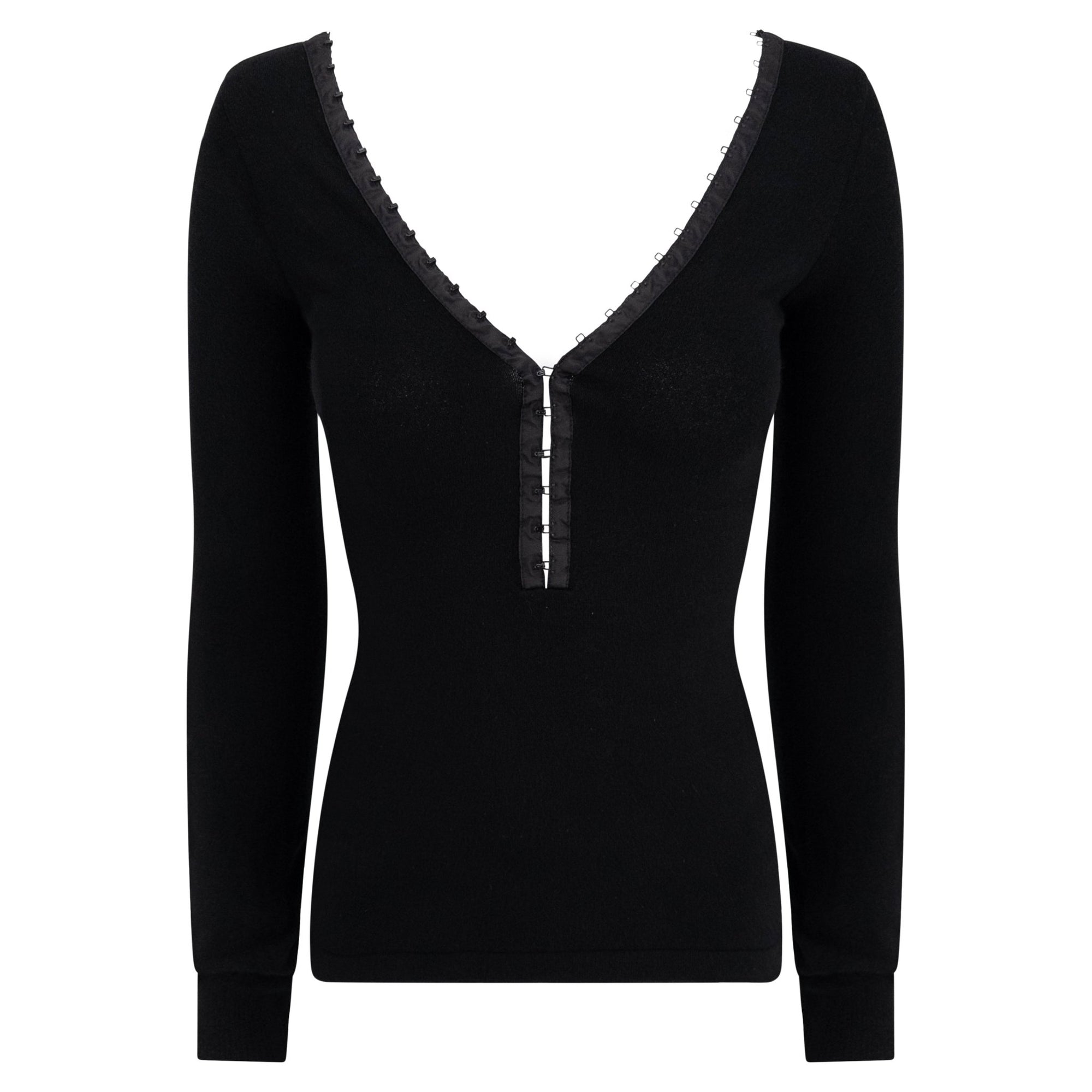 S/S 2003 Dolce & Gabbana Hook & Eye Plunging Black Bodycon Knit Long - Sleeve Top - RealList
