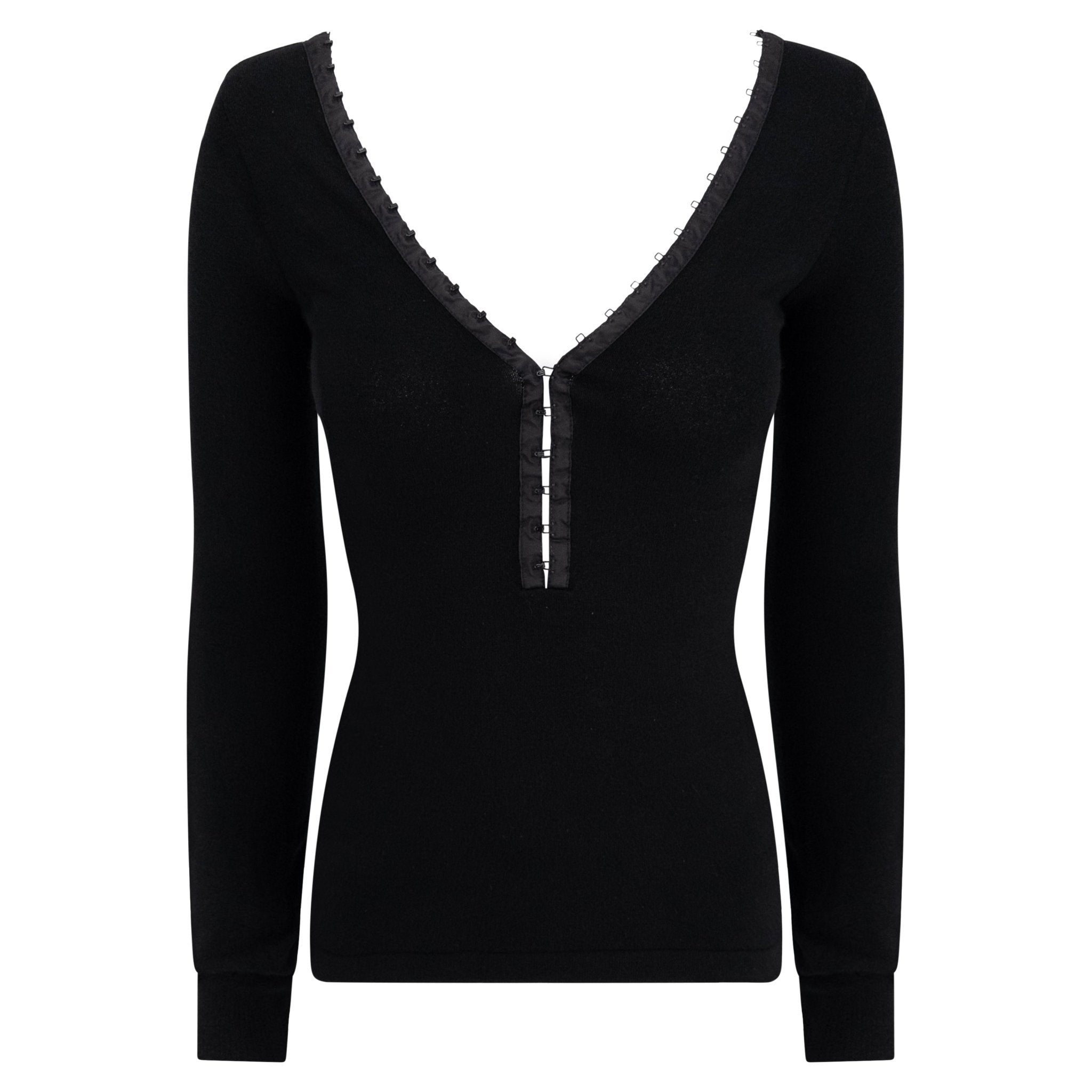 S/S 2003 Dolce & Gabbana Hook & Eye Plunging Black Bodycon Knit Long - Sleeve Top - RealList