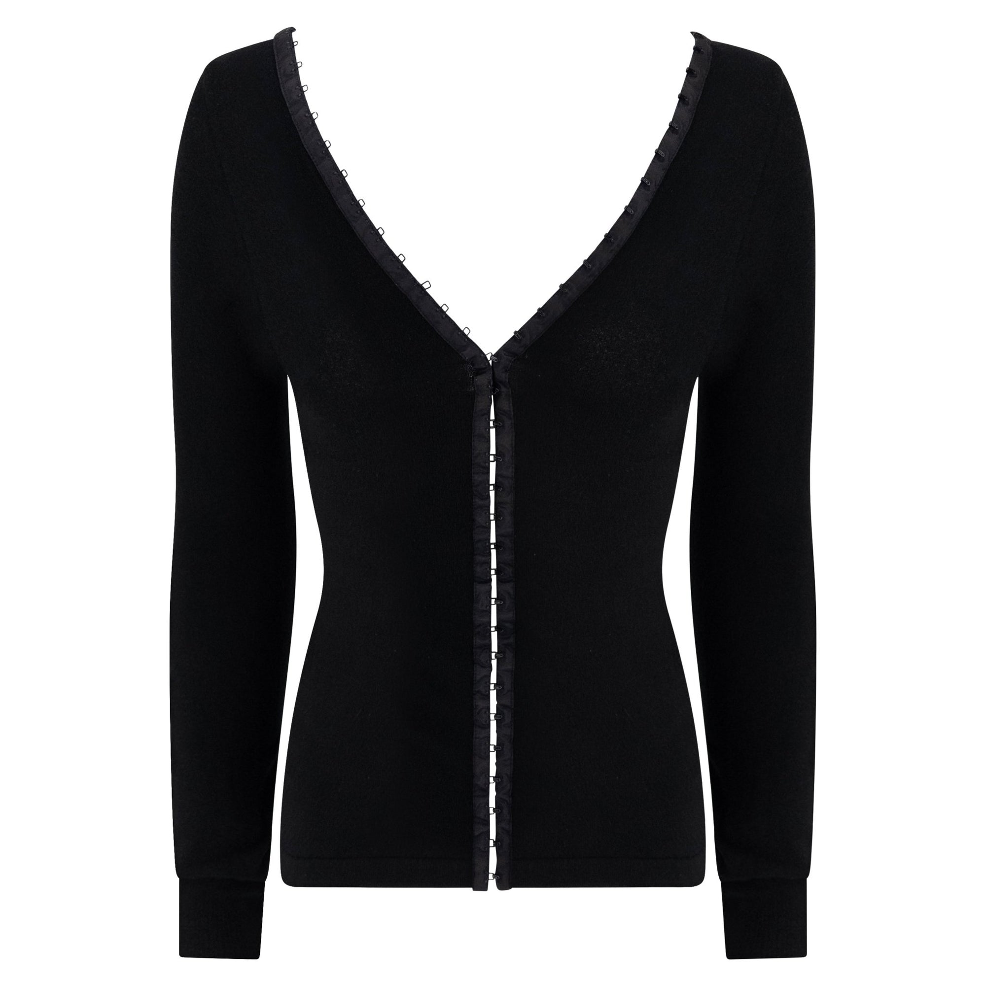 S/S 2003 Dolce & Gabbana Hook & Eye Plunging Black Bodycon Knit Long - Sleeve Top - RealList
