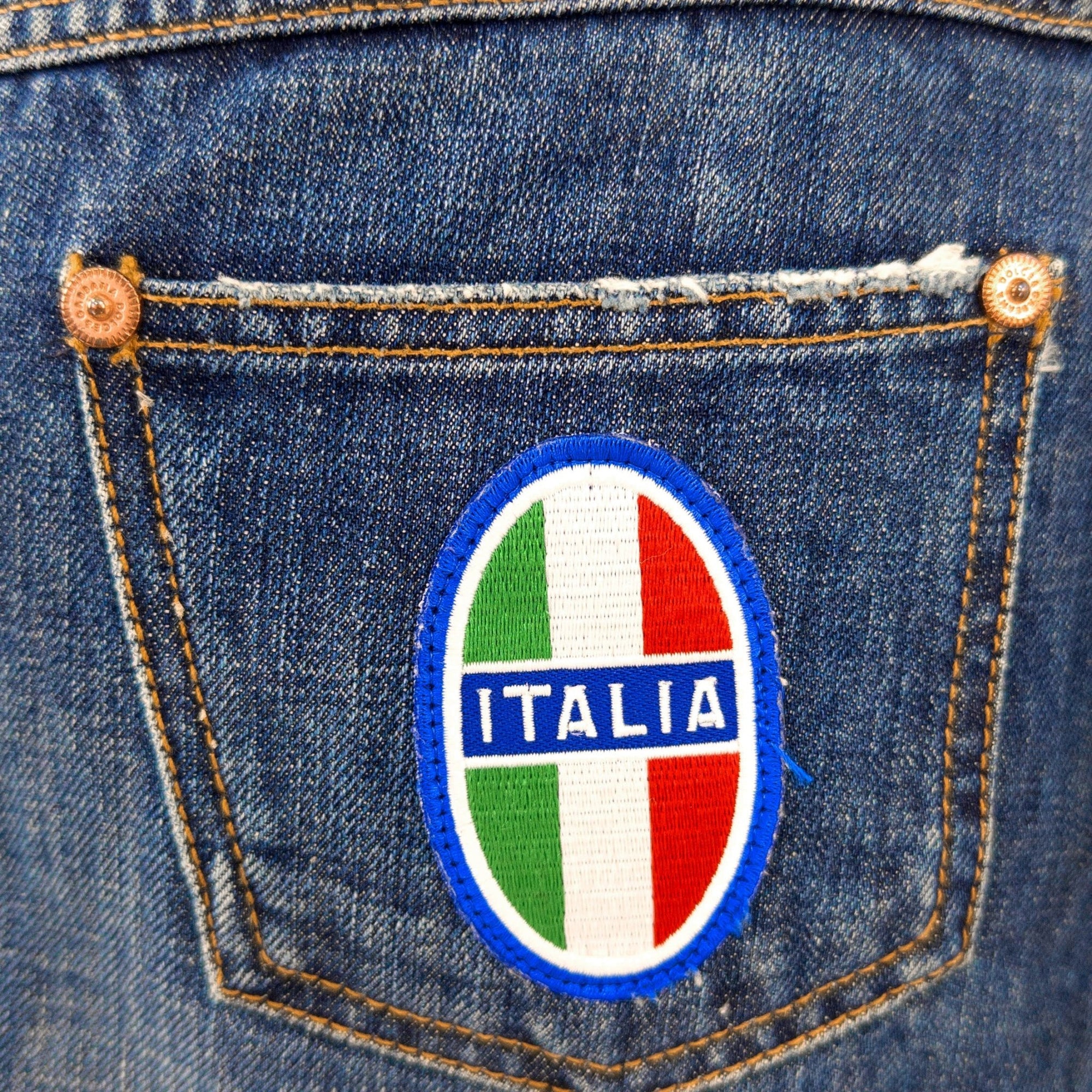 S/S 2003 Dolce & Gabbana 'Italia' Logo Medallion Distressed Denim Mini Skirt - RealList