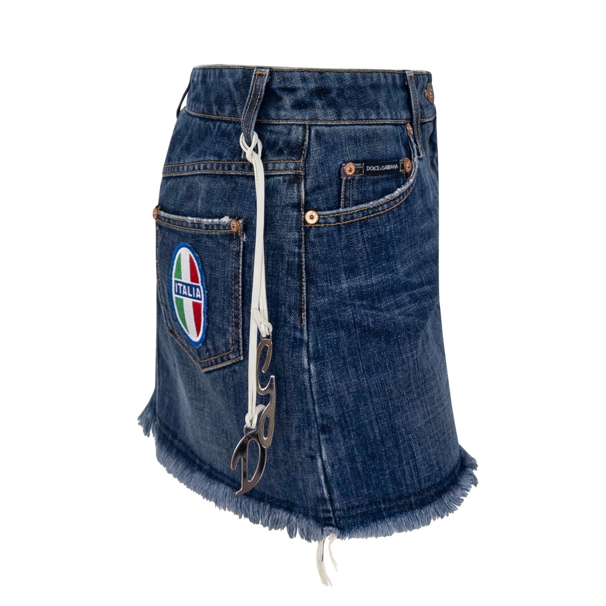 S/S 2003 Dolce & Gabbana 'Italia' Logo Medallion Distressed Denim Mini Skirt - RealList