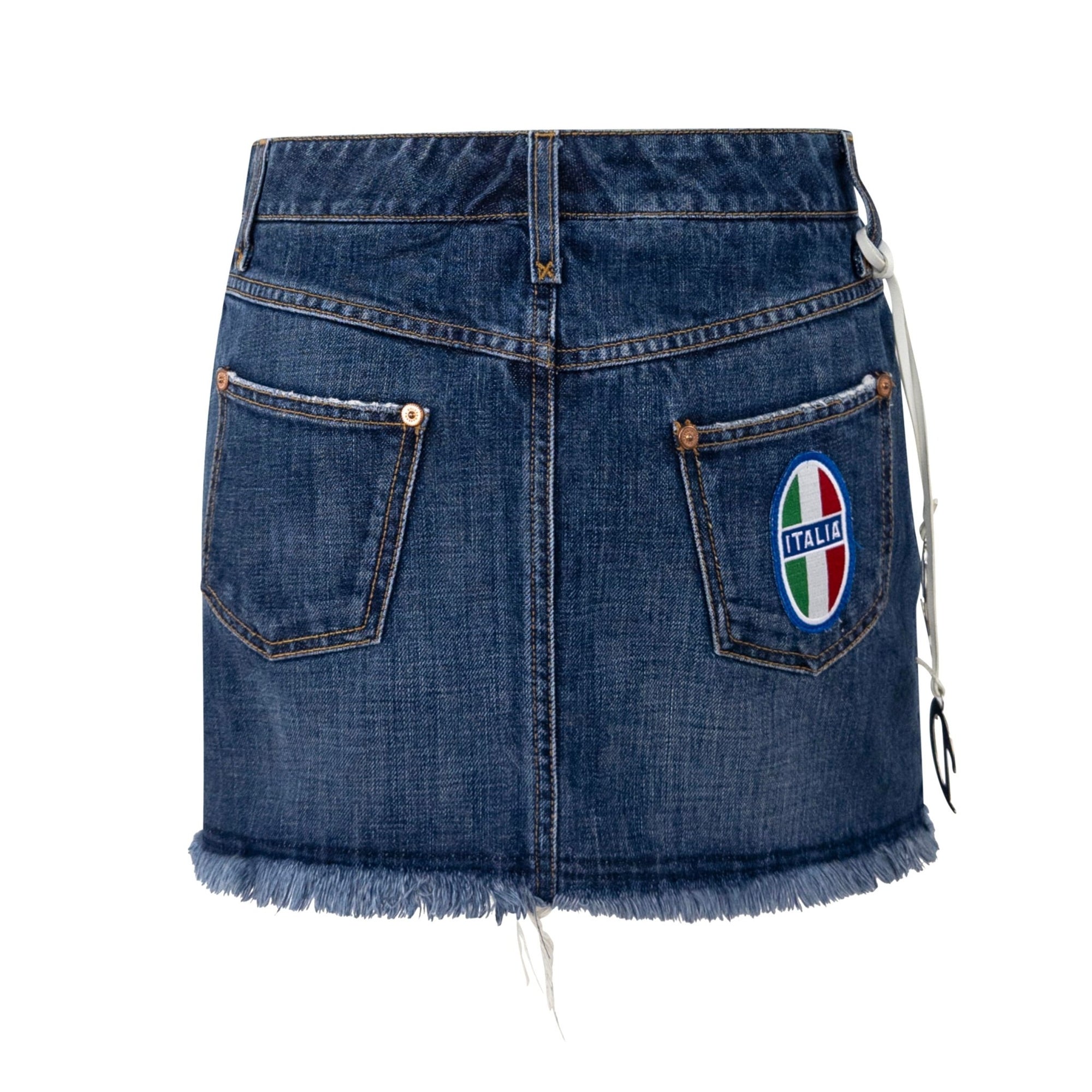 S/S 2003 Dolce & Gabbana 'Italia' Logo Medallion Distressed Denim Mini Skirt - RealList