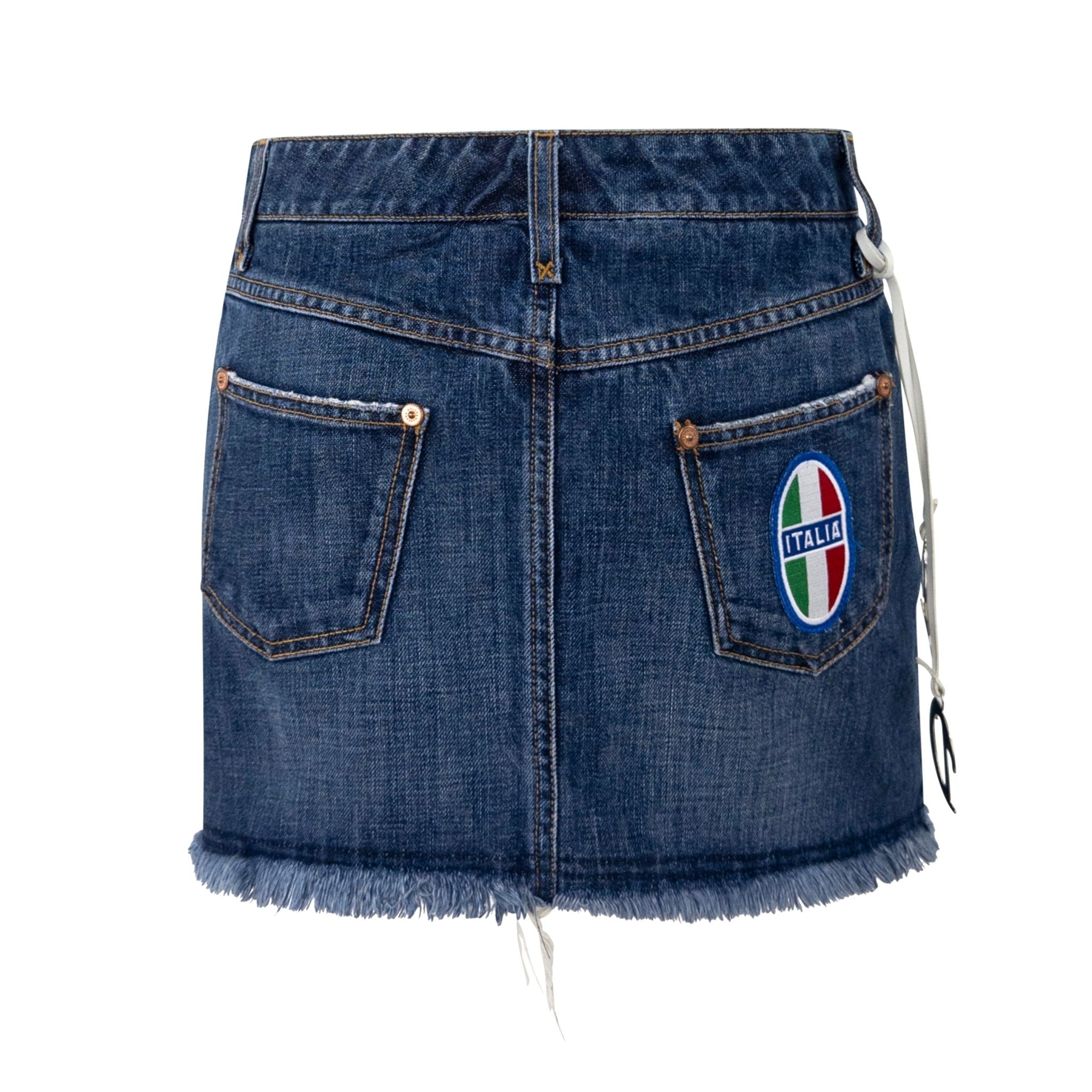 S/S 2003 Dolce & Gabbana 'Italia' Logo Medallion Distressed Denim Mini Skirt - RealList
