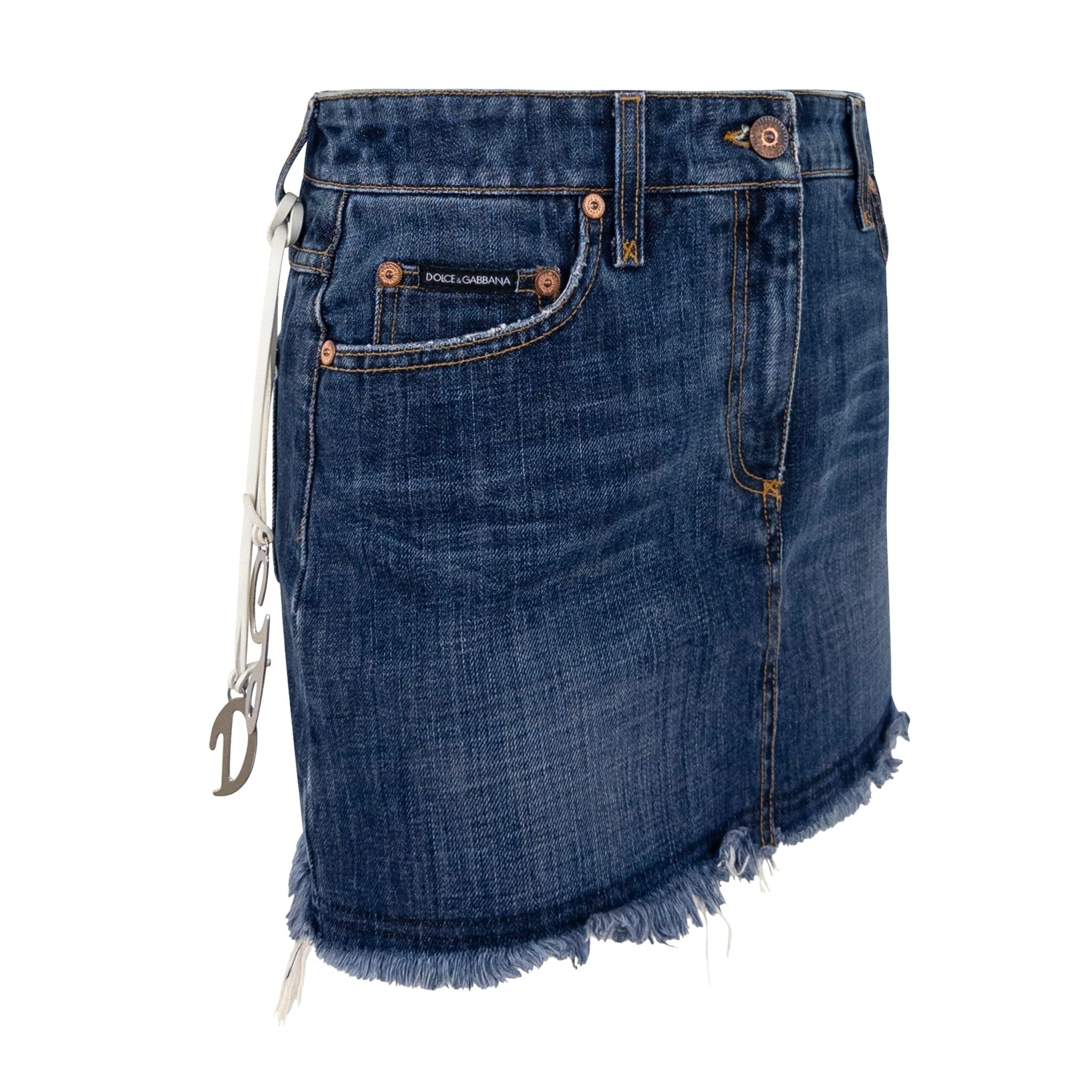 S/S 2003 Dolce & Gabbana 'Italia' Logo Medallion Distressed Denim Mini Skirt - RealList