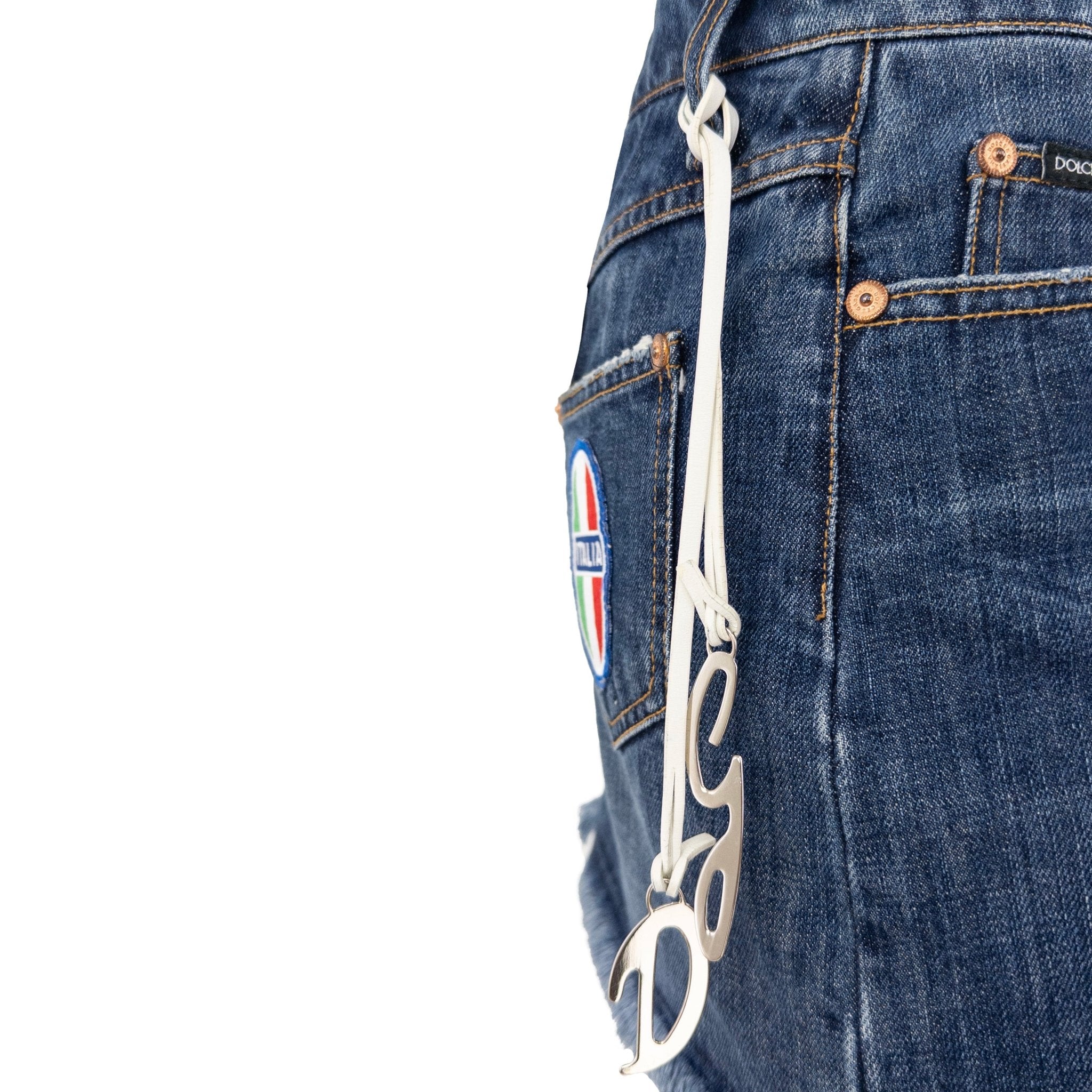S/S 2003 Dolce & Gabbana 'Italia' Logo Medallion Distressed Denim Mini Skirt - RealList