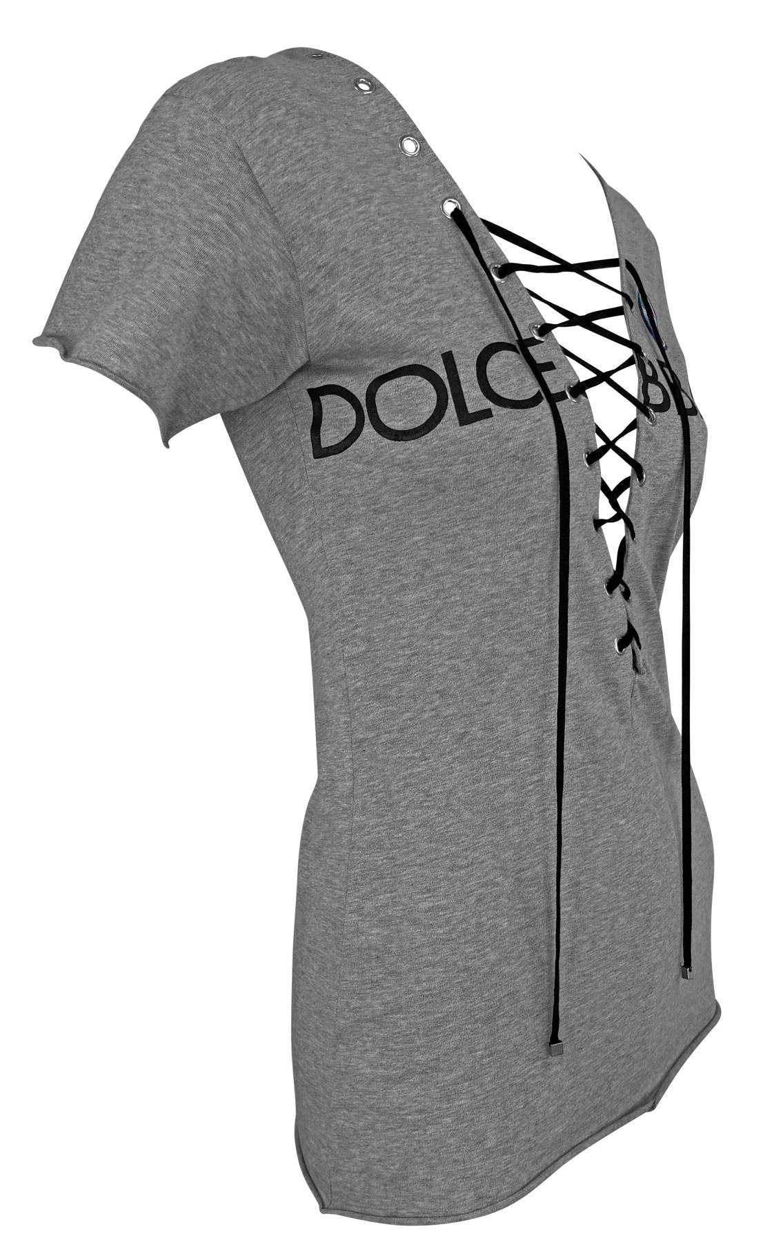 S/S 2003 Dolce & Gabbana Plunging Lace - Up Logo Print Grey T-Shirt Top - RealList