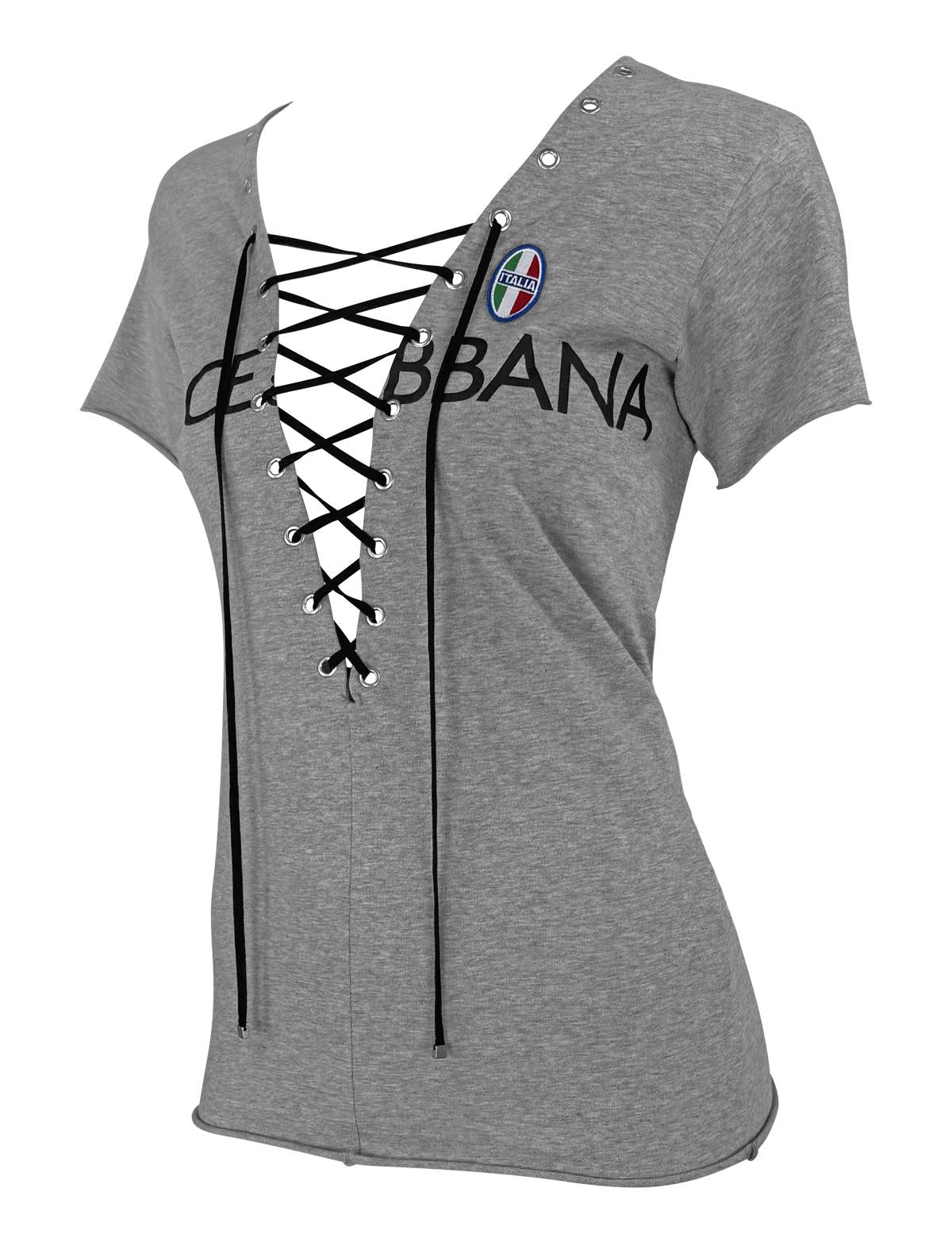 S/S 2003 Dolce & Gabbana Plunging Lace - Up Logo Print Grey T-Shirt Top - RealList