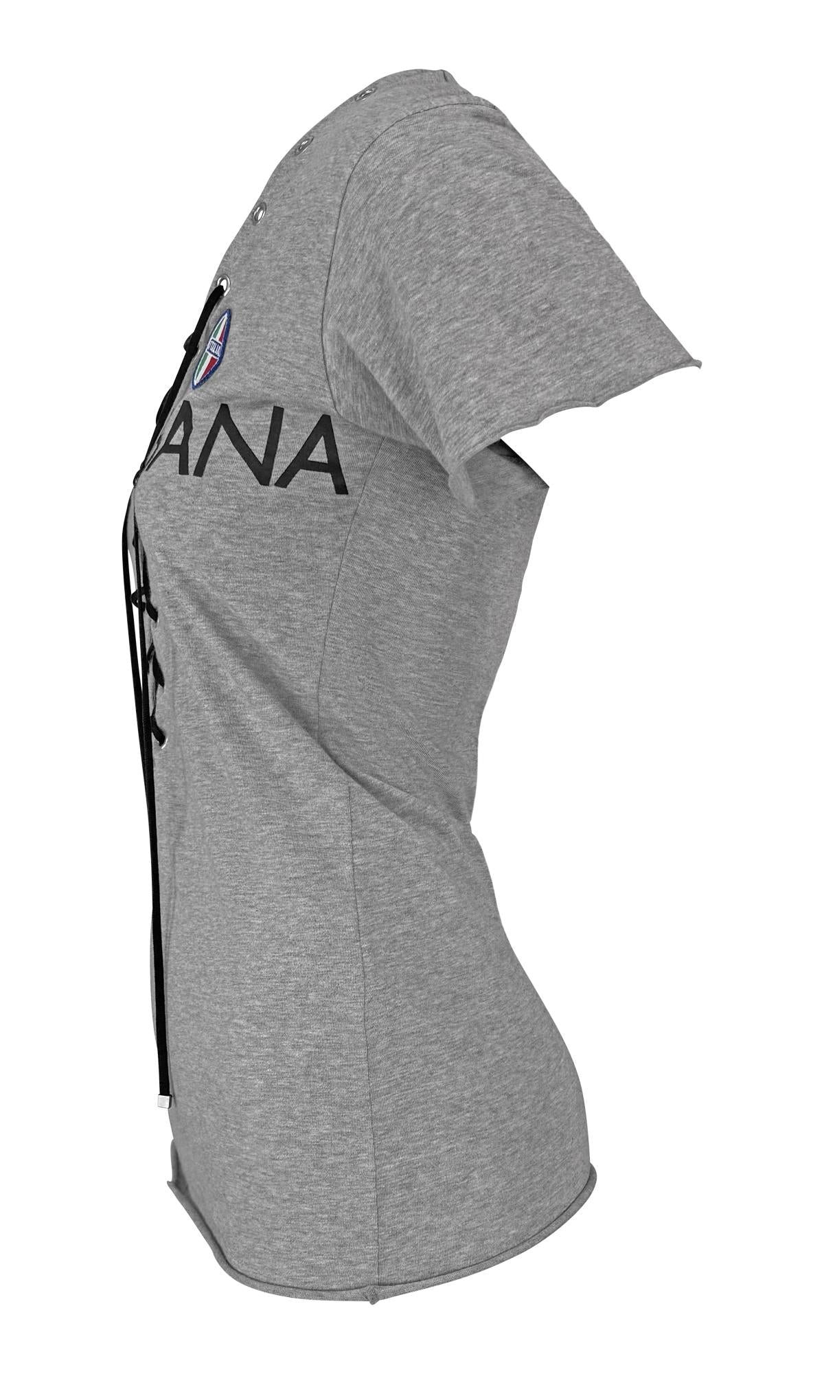 S/S 2003 Dolce & Gabbana Plunging Lace - Up Logo Print Grey T-Shirt Top - RealList