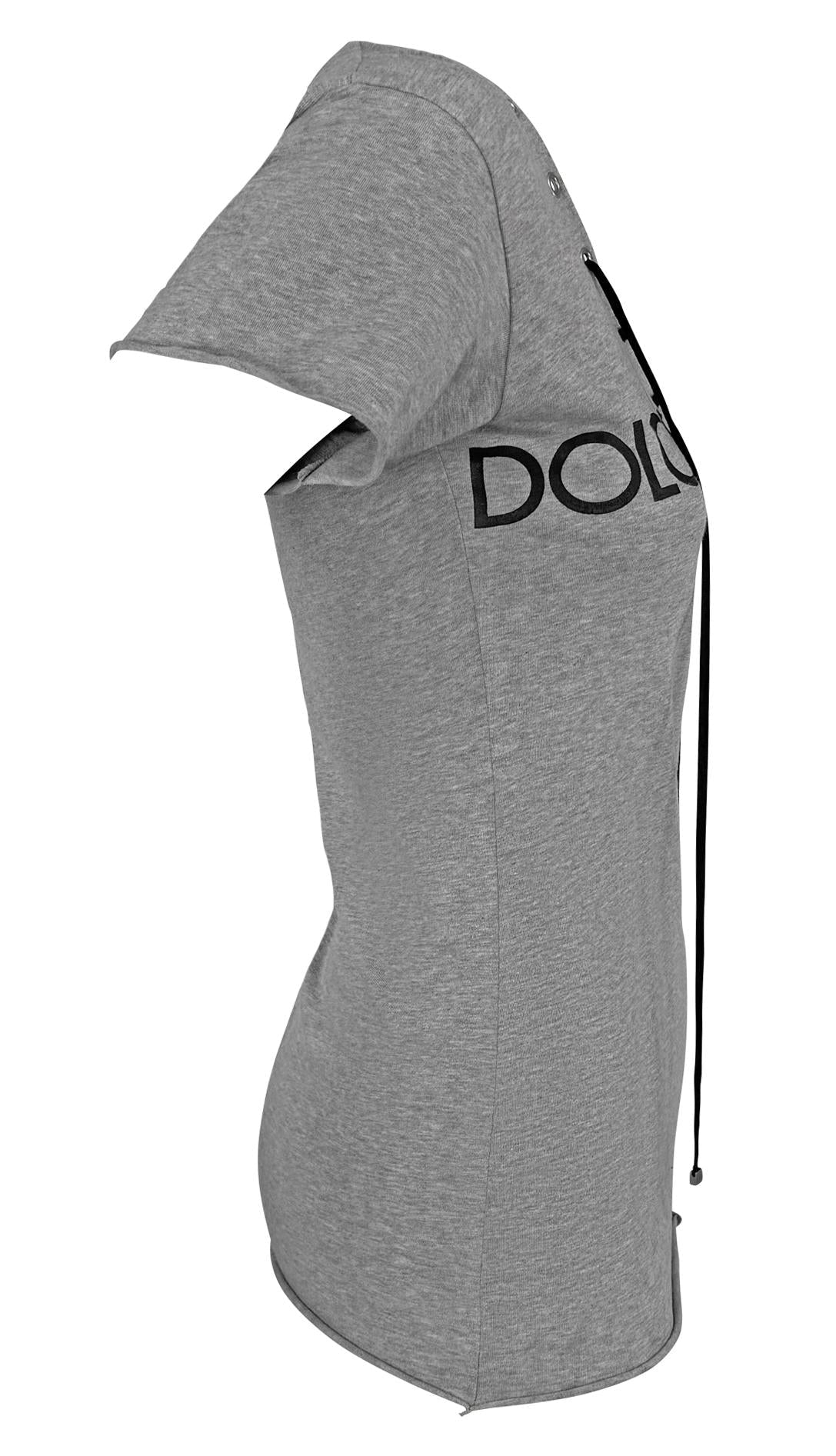 S/S 2003 Dolce & Gabbana Plunging Lace - Up Logo Print Grey T-Shirt Top - RealList