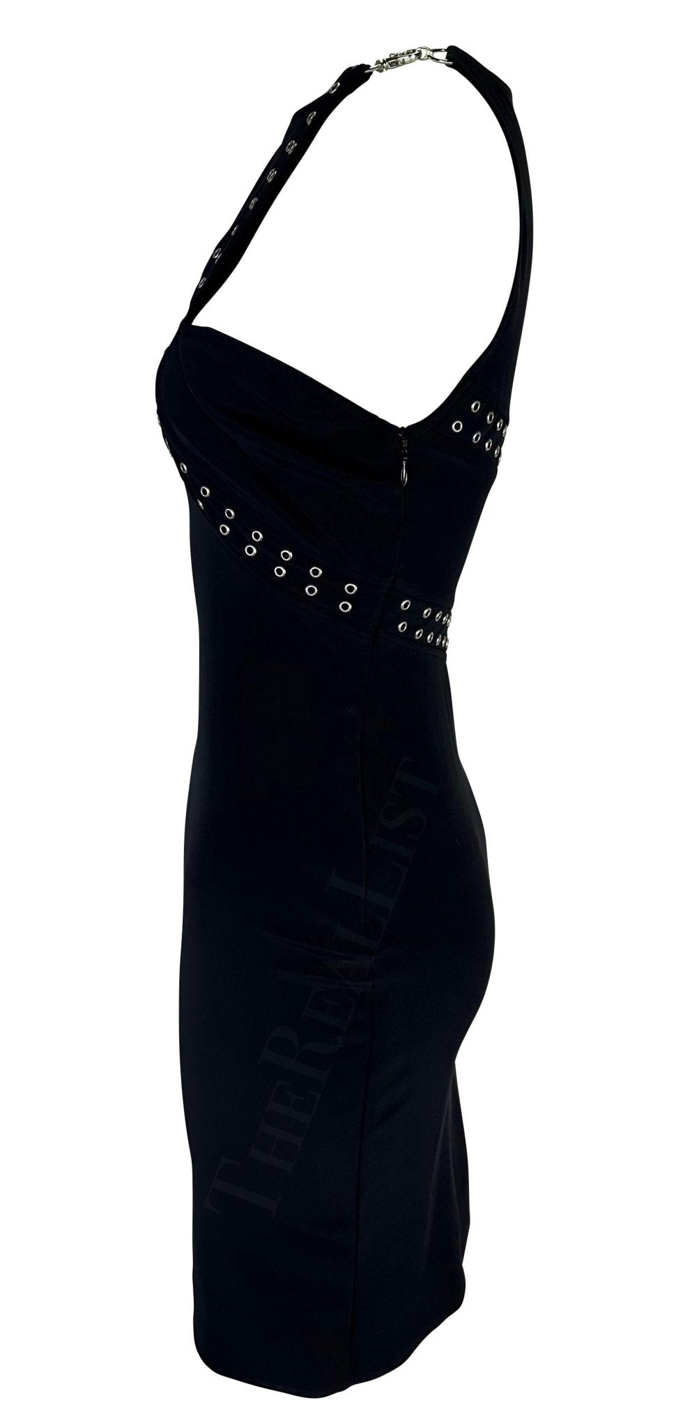 S/S 2003 Gianni Versace by Donatella Medusa Grommet Bodycon Black Cutout Dress - RealList