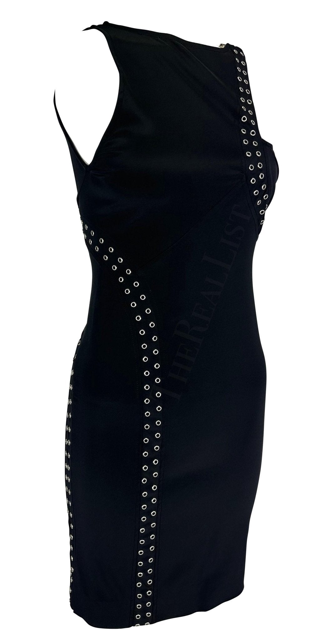S/S 2003 Gianni Versace by Donatella Medusa Grommet Bodycon Black Cutout Dress - RealList
