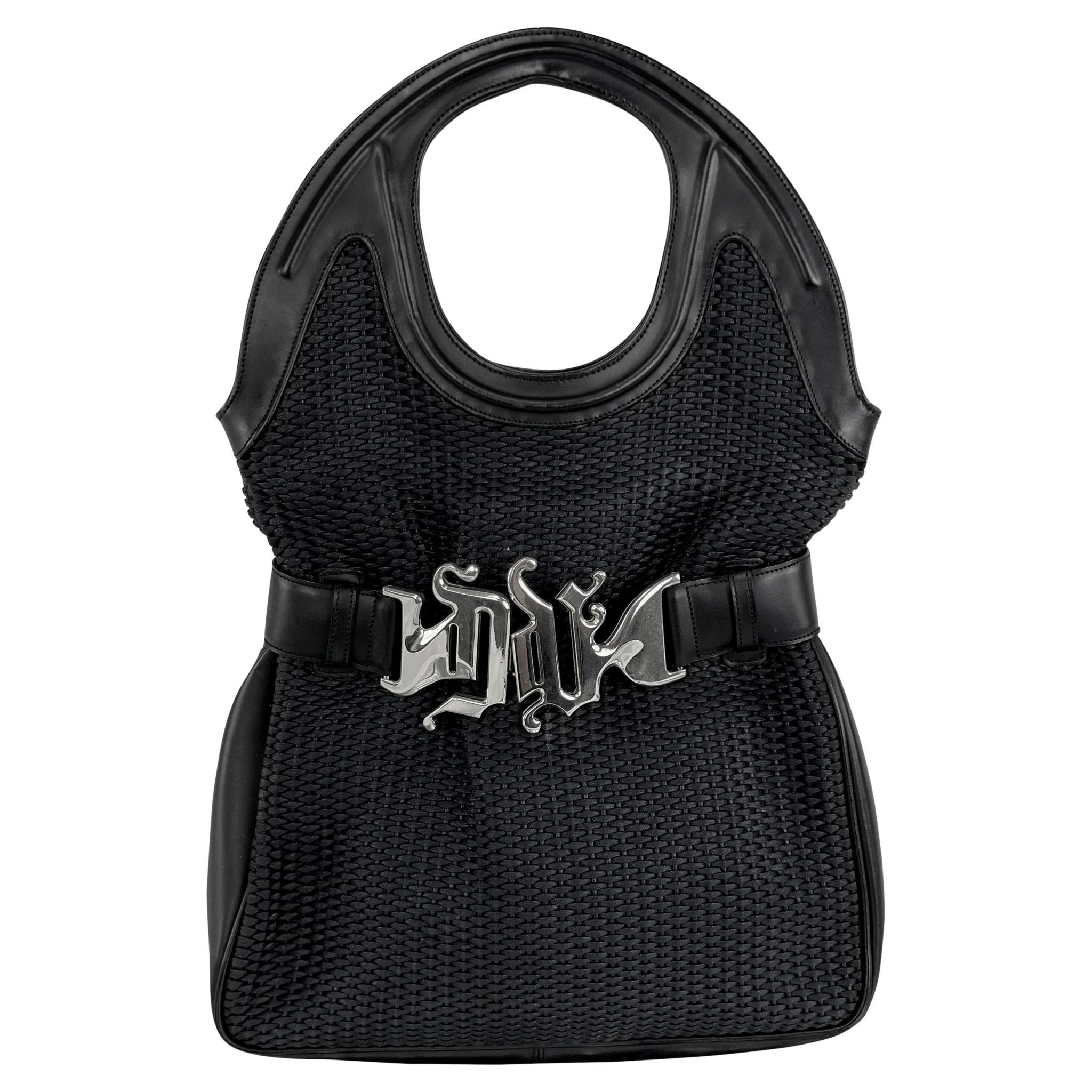 S/S 2003 Gianni Versace by Donatella Oversized Monogram Buckle Woven Black Tote - RealList