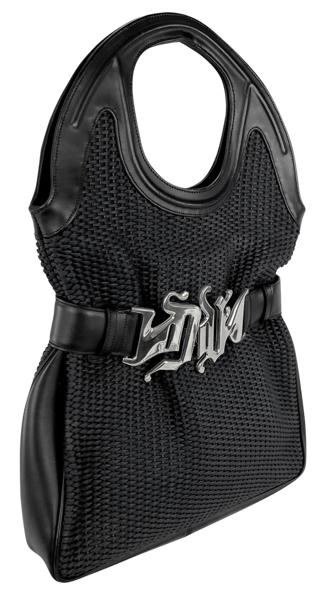 S/S 2003 Gianni Versace by Donatella Oversized Monogram Buckle Woven Black Tote - RealList