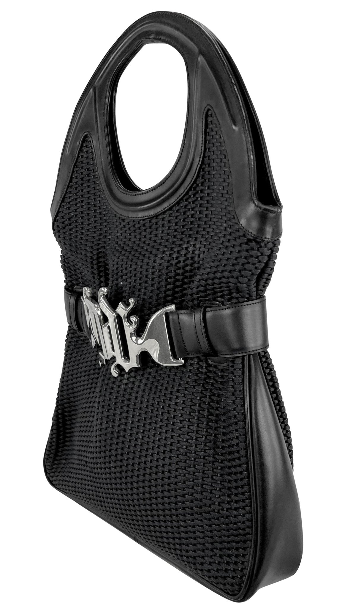 S/S 2003 Gianni Versace by Donatella Oversized Monogram Buckle Woven Black Tote - RealList