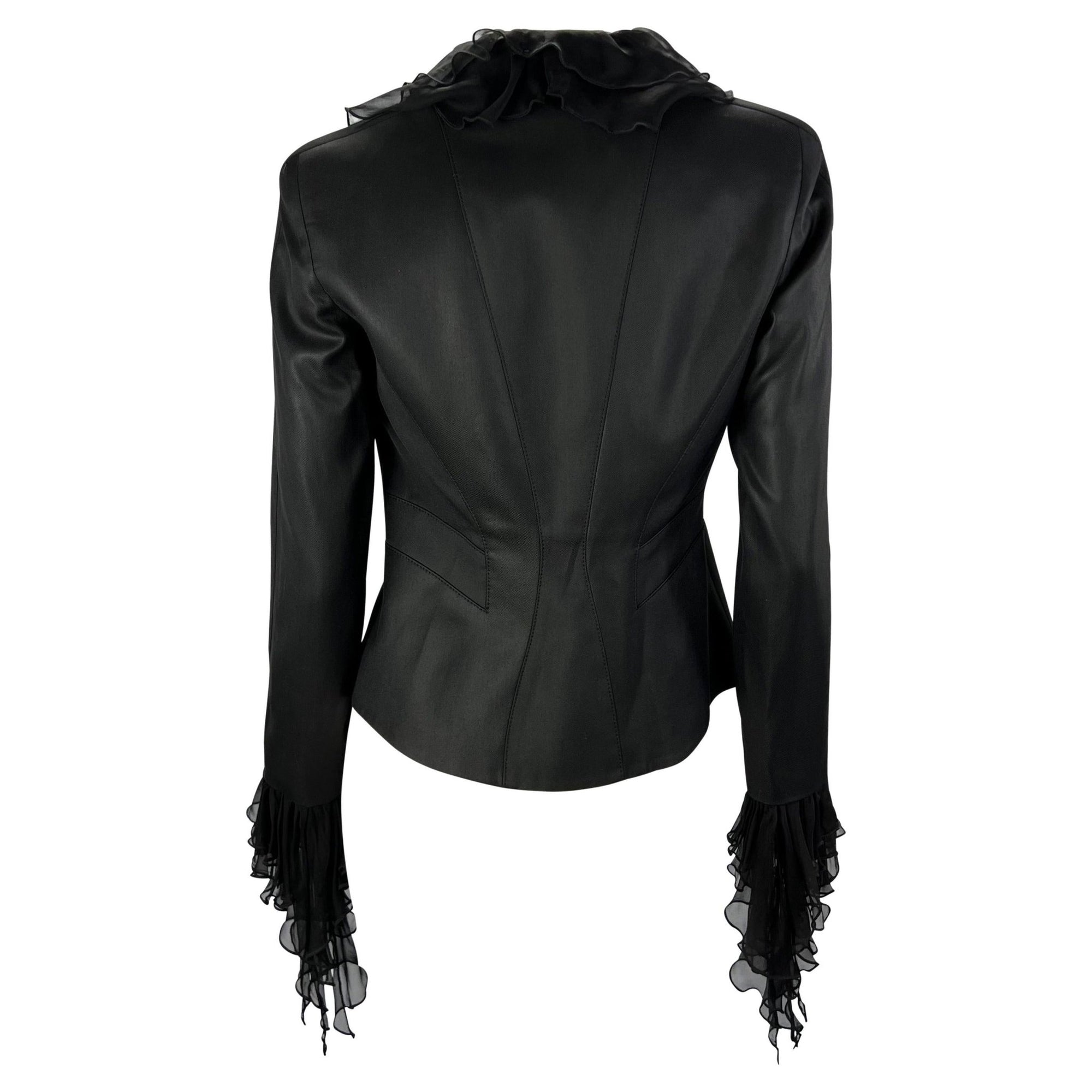 S/S 2003 Gianni Versace by Donatella Ruffle Silk Chiffon Black Blazer Y2K - RealList