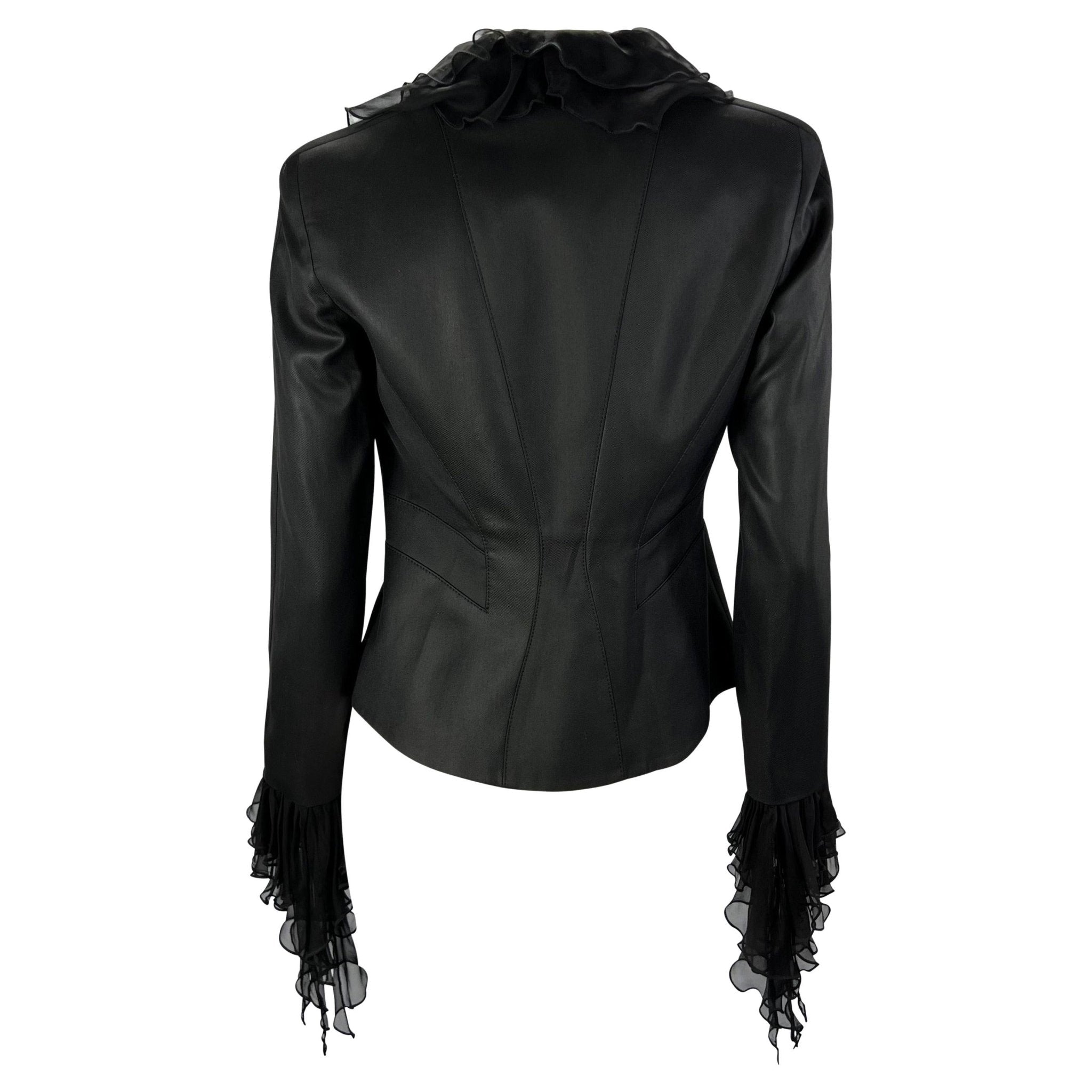 S/S 2003 Gianni Versace by Donatella Ruffle Silk Chiffon Black Blazer Y2K - RealList