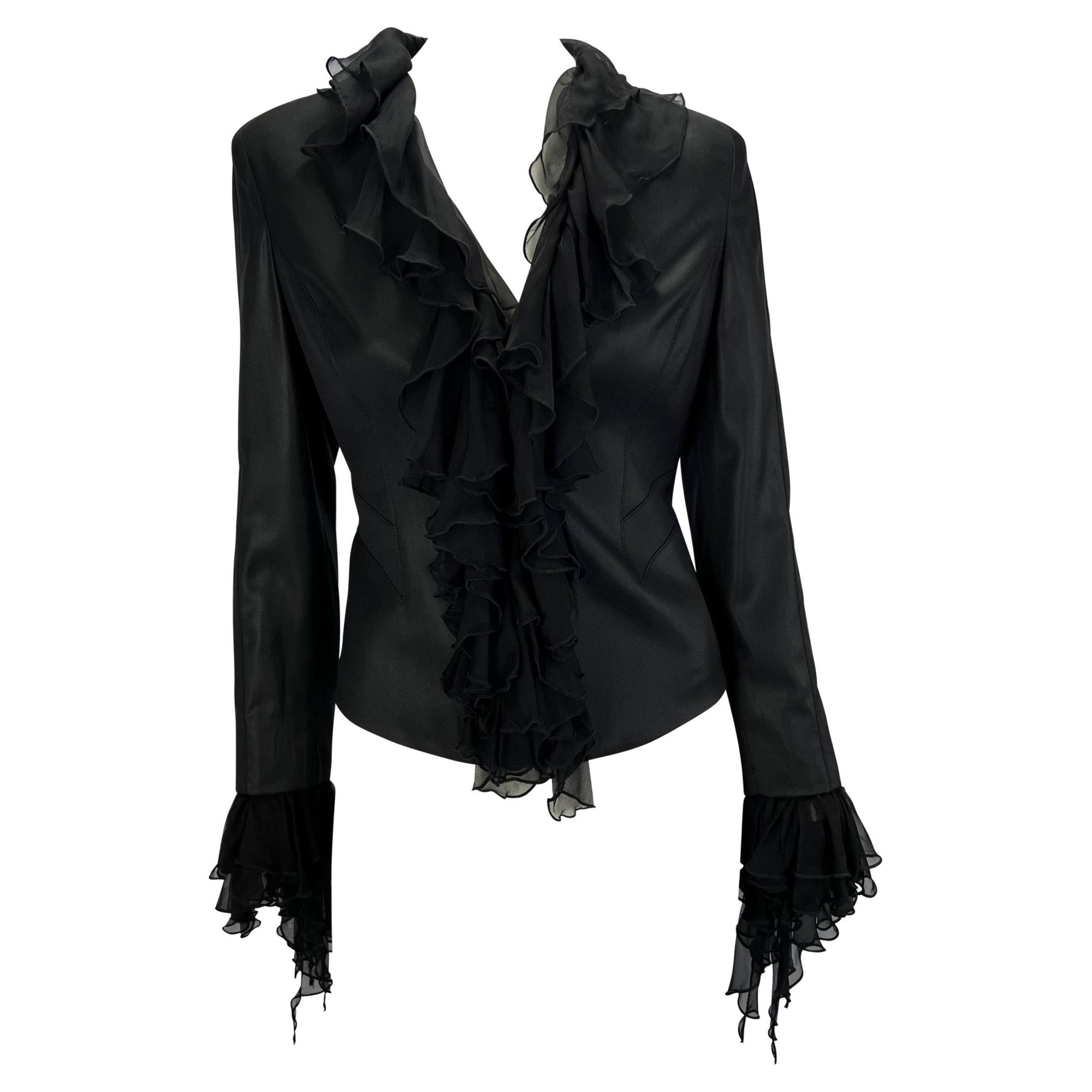 S/S 2003 Gianni Versace by Donatella Ruffle Silk Chiffon Black Blazer Y2K - RealList