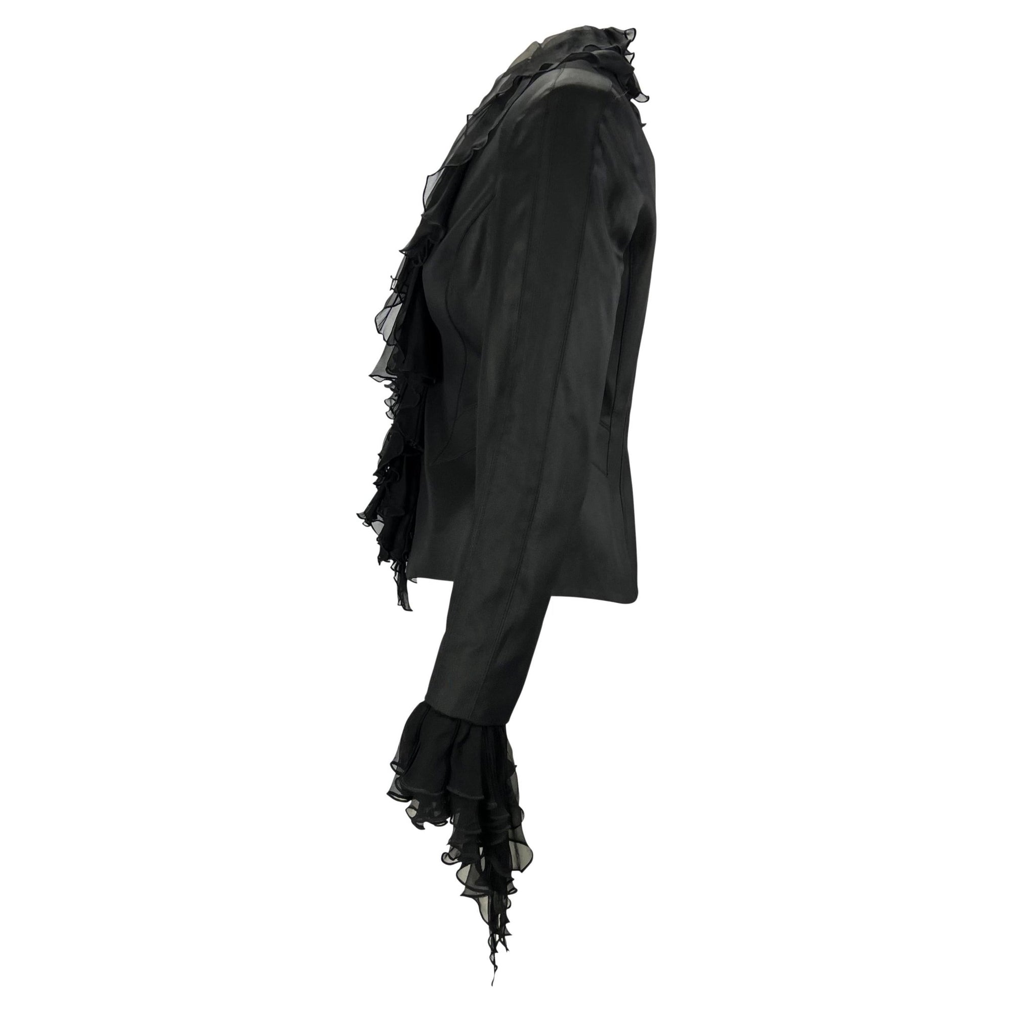 S/S 2003 Gianni Versace by Donatella Ruffle Silk Chiffon Black Blazer Y2K - RealList
