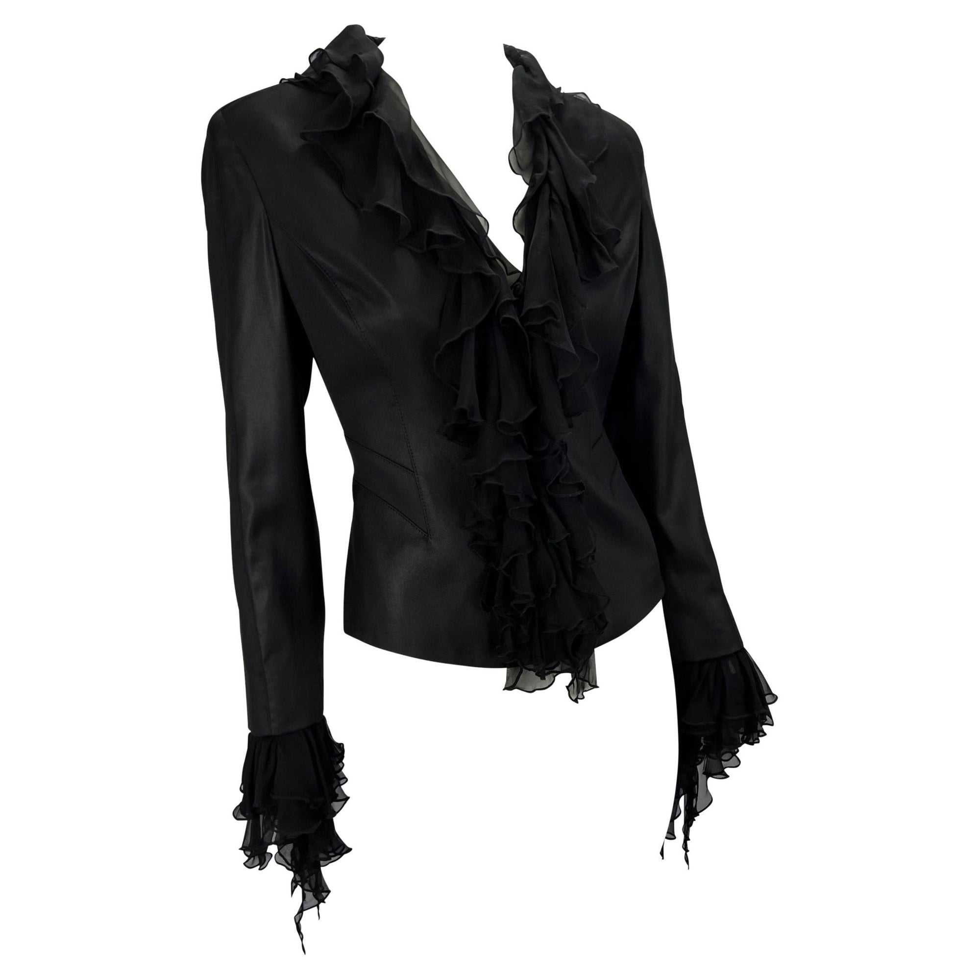 S/S 2003 Gianni Versace by Donatella Ruffle Silk Chiffon Black Blazer Y2K - RealList
