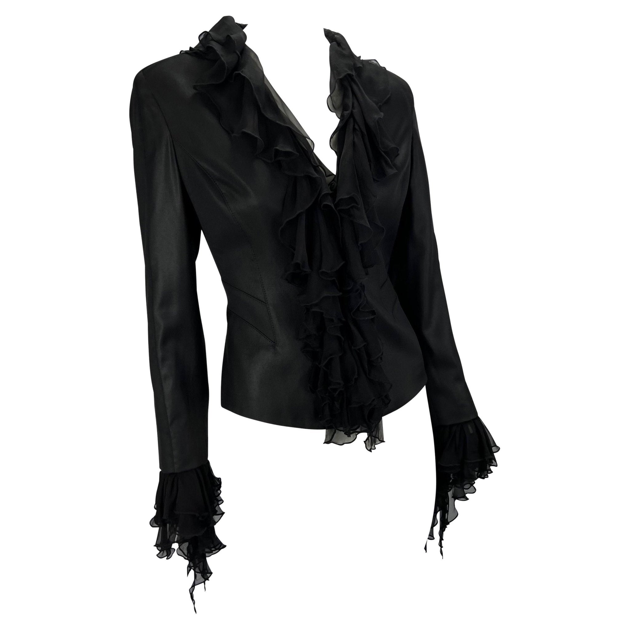 S/S 2003 Gianni Versace by Donatella Ruffle Silk Chiffon Black Blazer Y2K - RealList